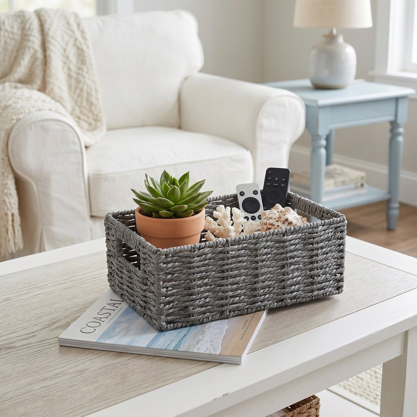 Grey Paper Rope Storage Basket with Handle- 3 Sizes