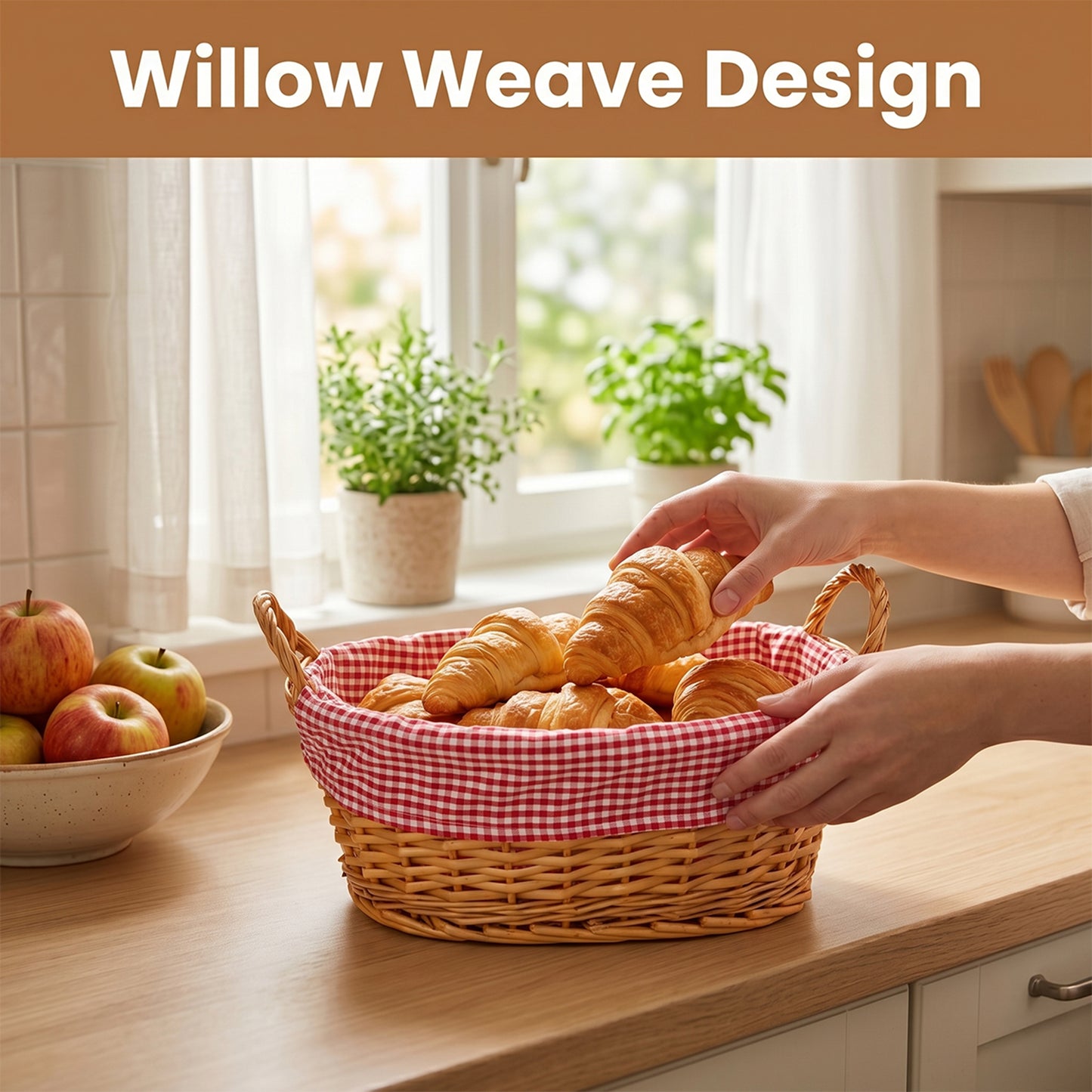 Light Steamed Oval Wicker Basket with Checked Lining