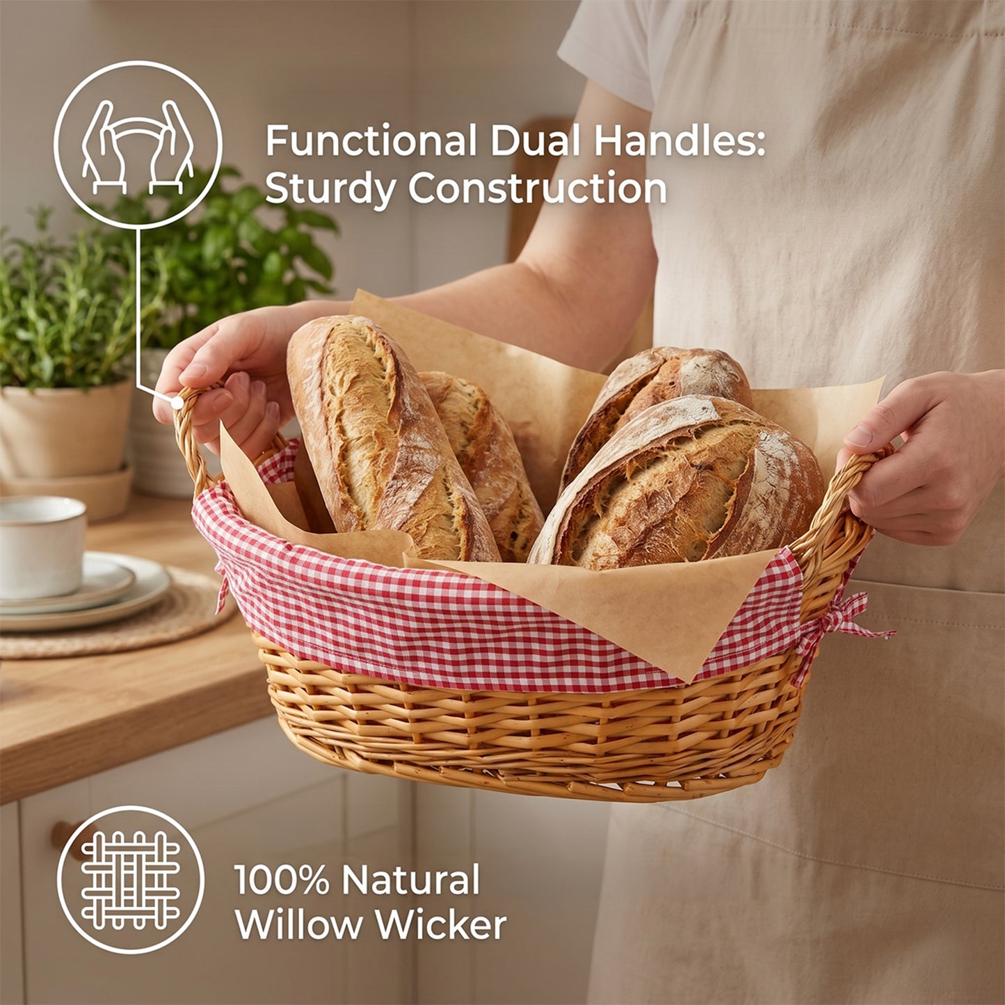 Light Steamed Oval Wicker Basket with Checked Lining