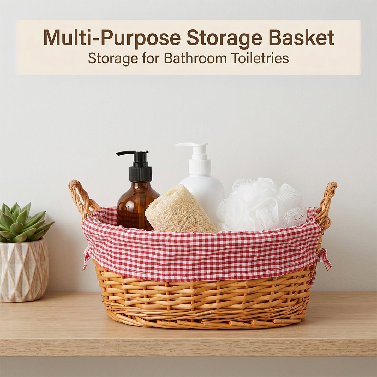 Light Steamed Oval Wicker Basket with Checked Lining