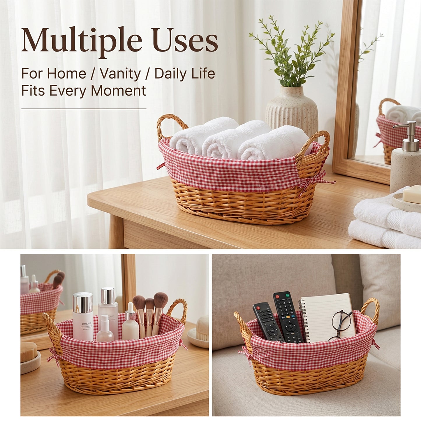 Light Steamed Oval Wicker Basket with Checked Lining