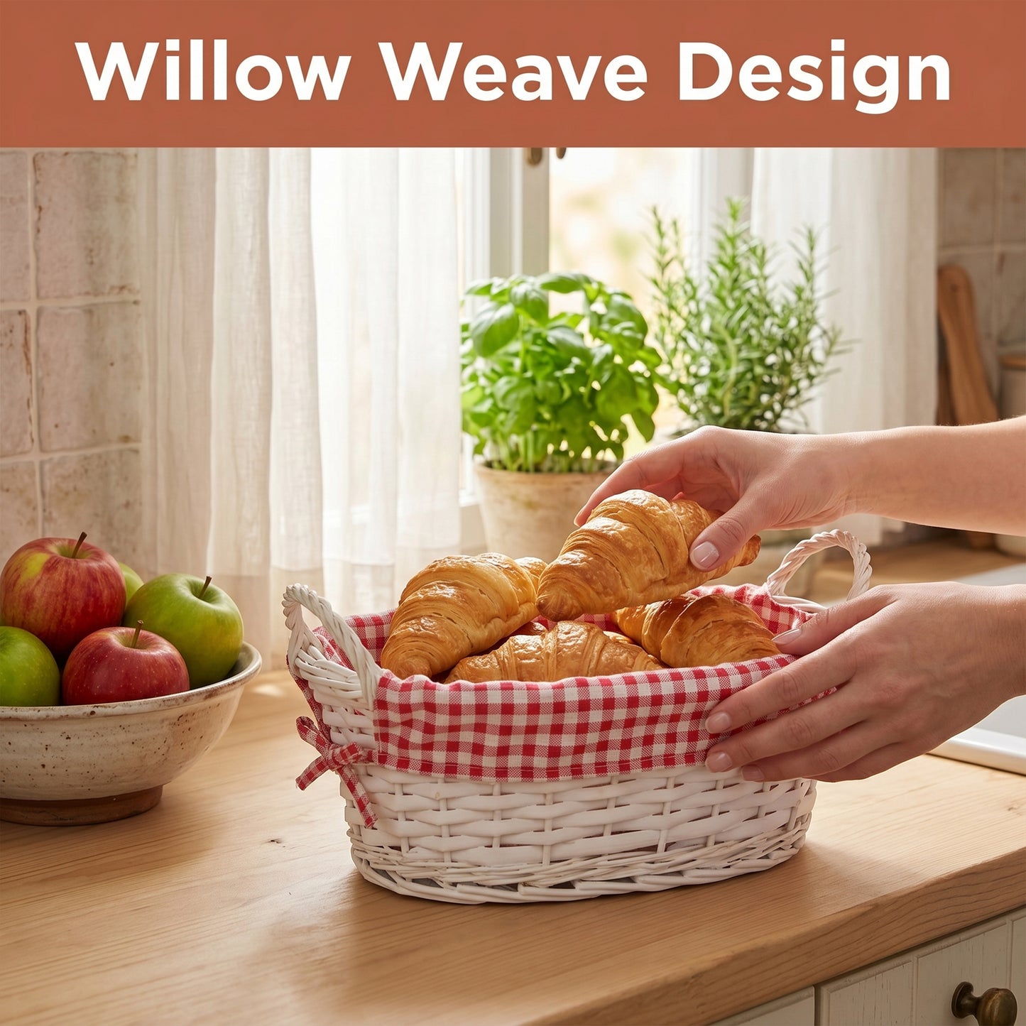 White Oval Wicker Basket with Checked Lining