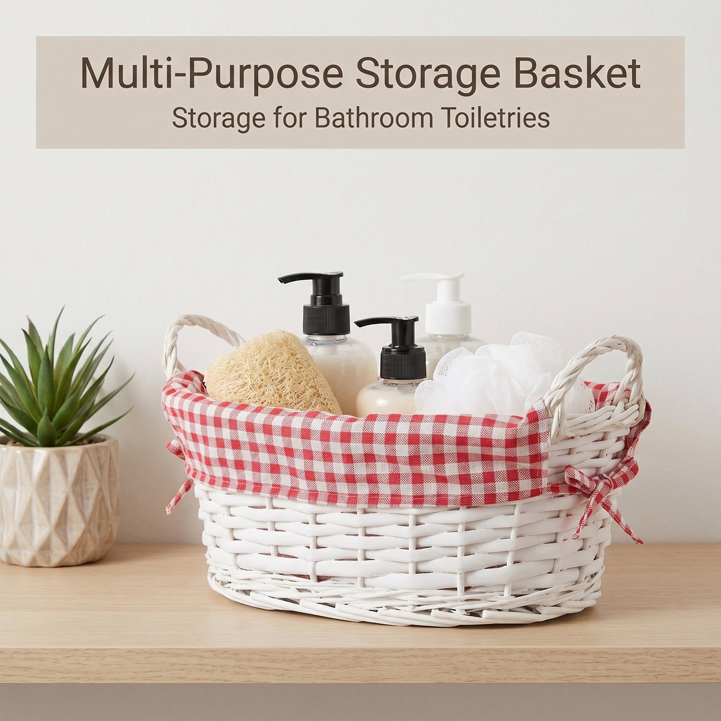 White Oval Wicker Basket with Checked Lining