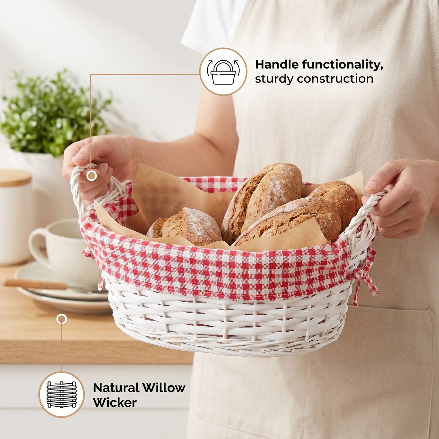 White Oval Wicker Basket with Checked Lining