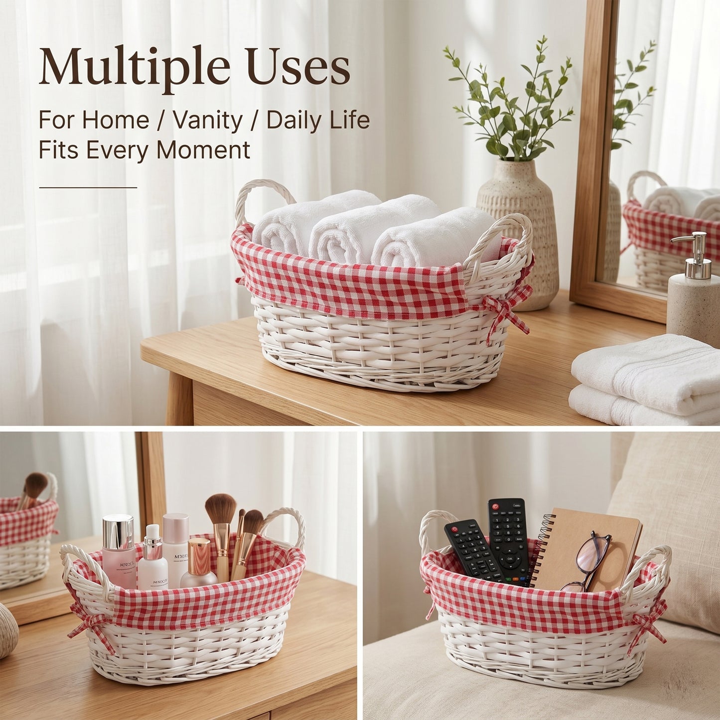 White Oval Wicker Basket with Checked Lining