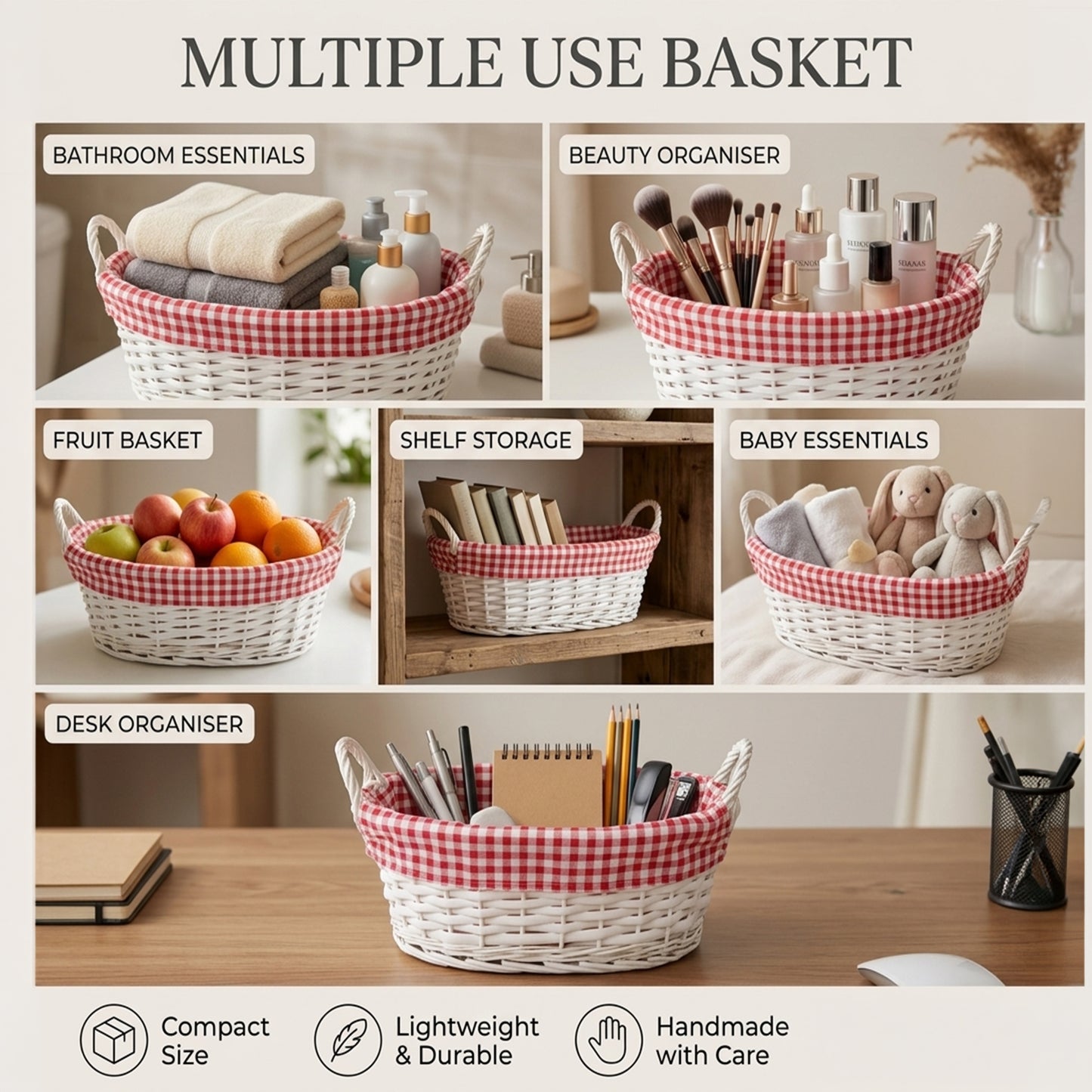 White Oval Wicker Basket with Checked Lining