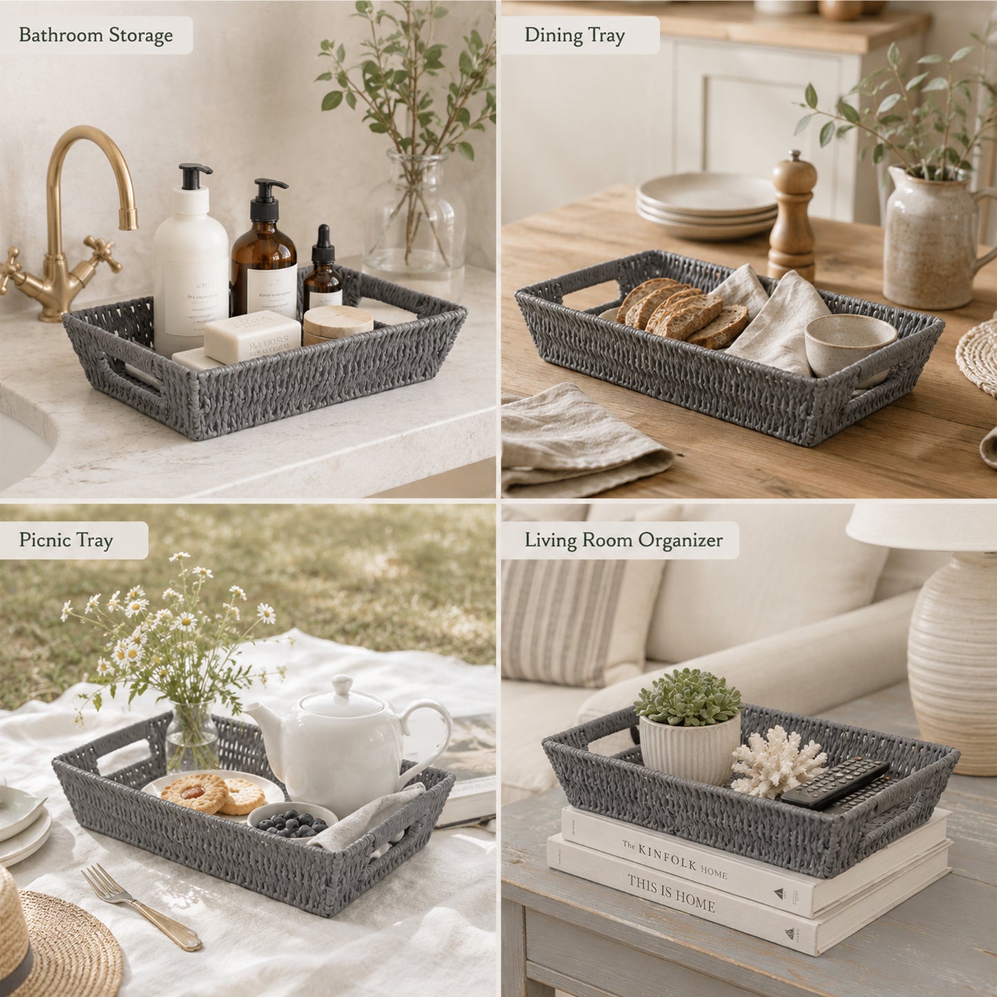 Paper Rope Hamper Basket Tray with Handle - Grey / White / Beige