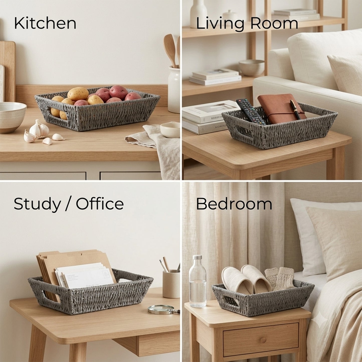 Paper Rope Hamper Basket Tray with Handle - Grey / White / Beige