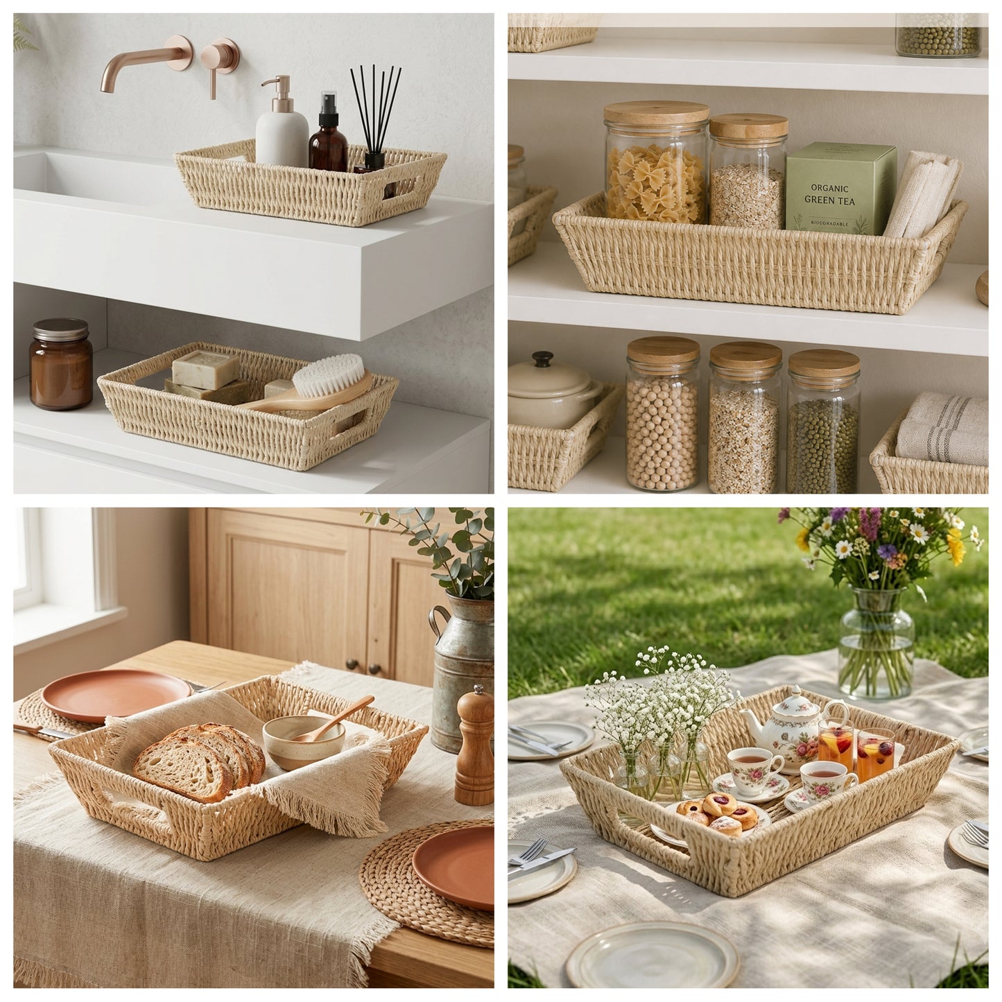 Paper Rope Hamper Basket Tray with Handle - Grey / White / Beige