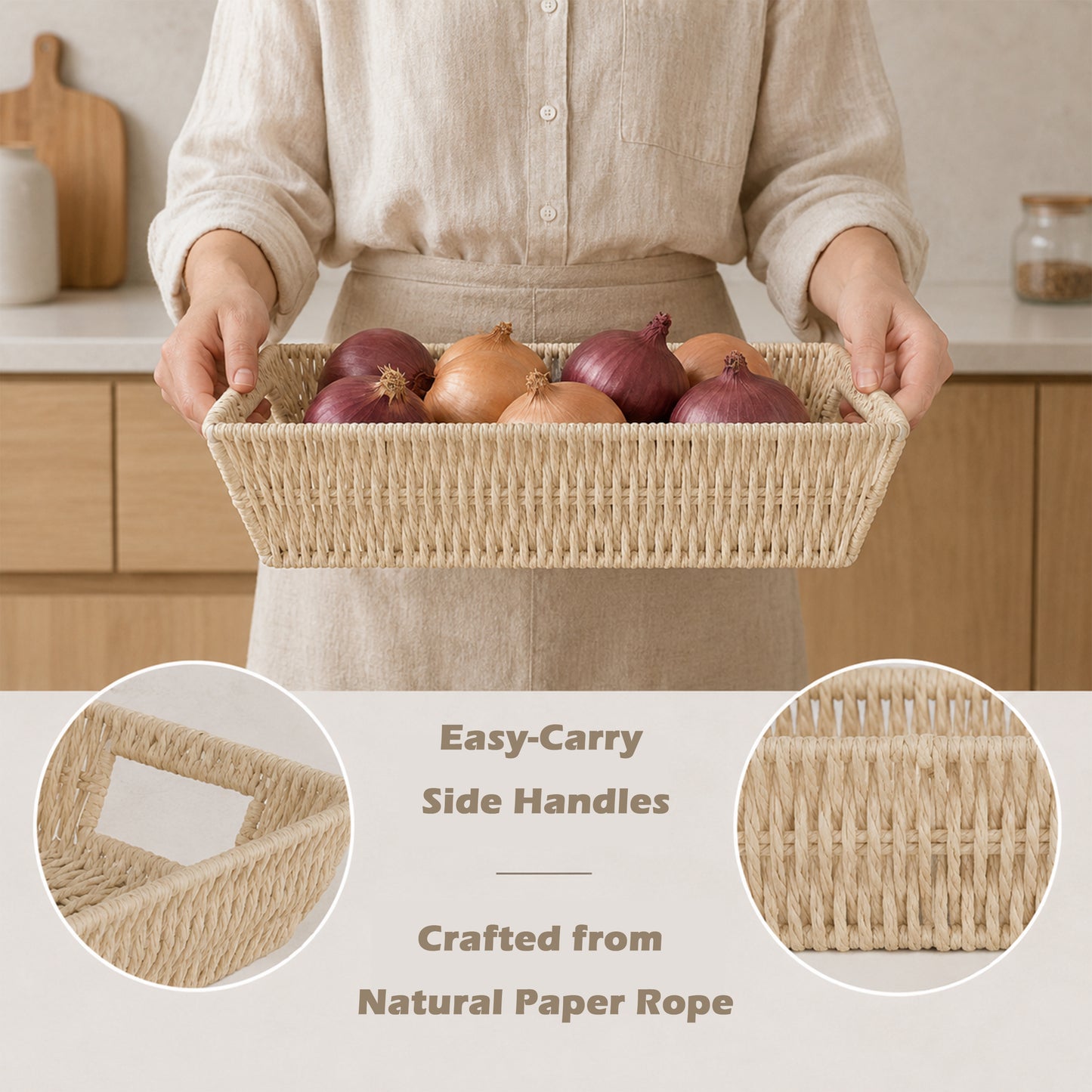 Paper Rope Hamper Basket Tray with Handle - Grey / White / Beige