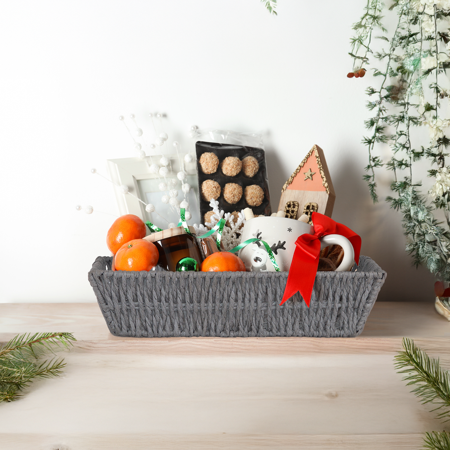 Paper Rope Hamper Basket Tray with Handle - Grey / White
