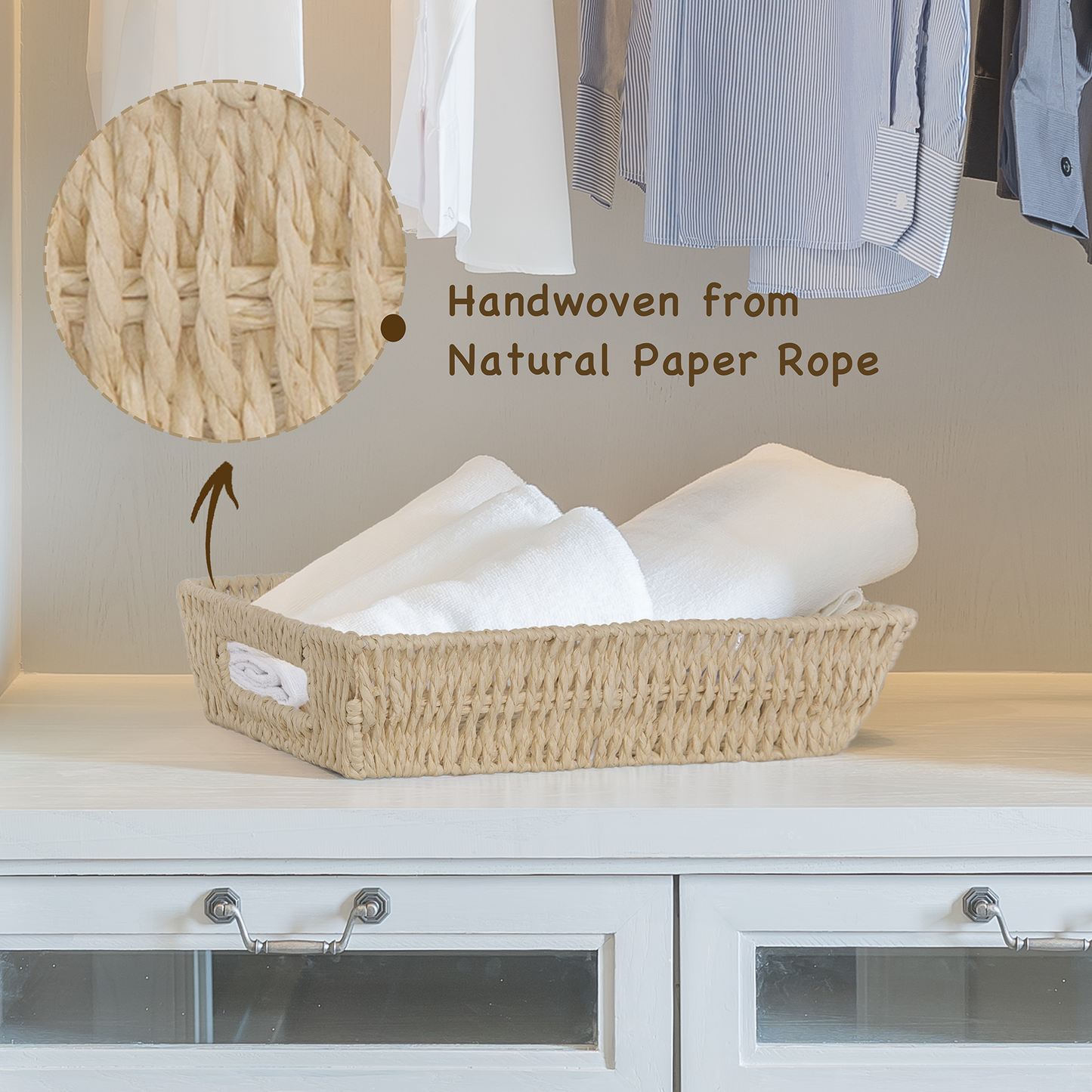 Paper Rope Hamper Basket Tray with Handle - Grey / White