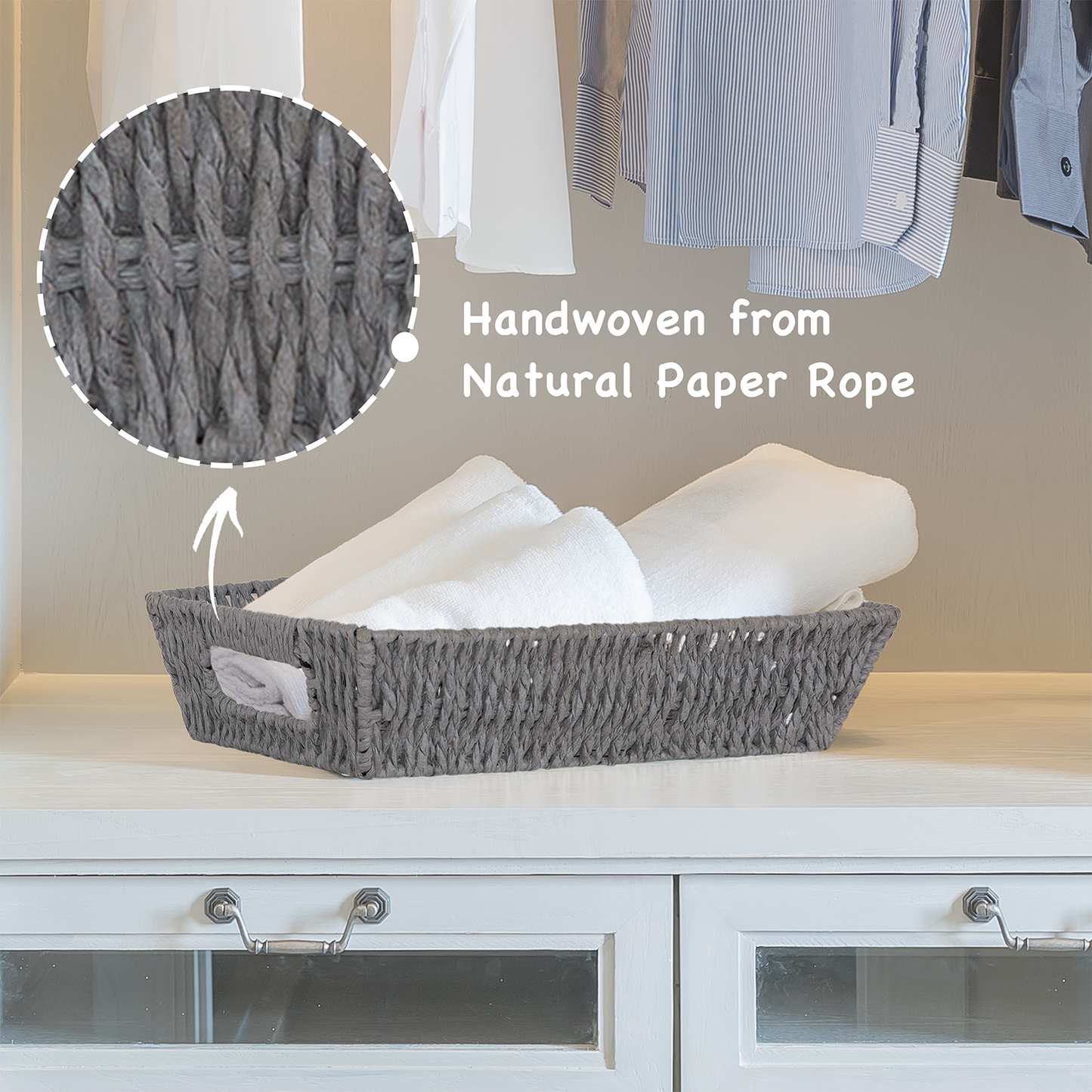 Paper Rope Hamper Basket Tray with Handle - Grey / White