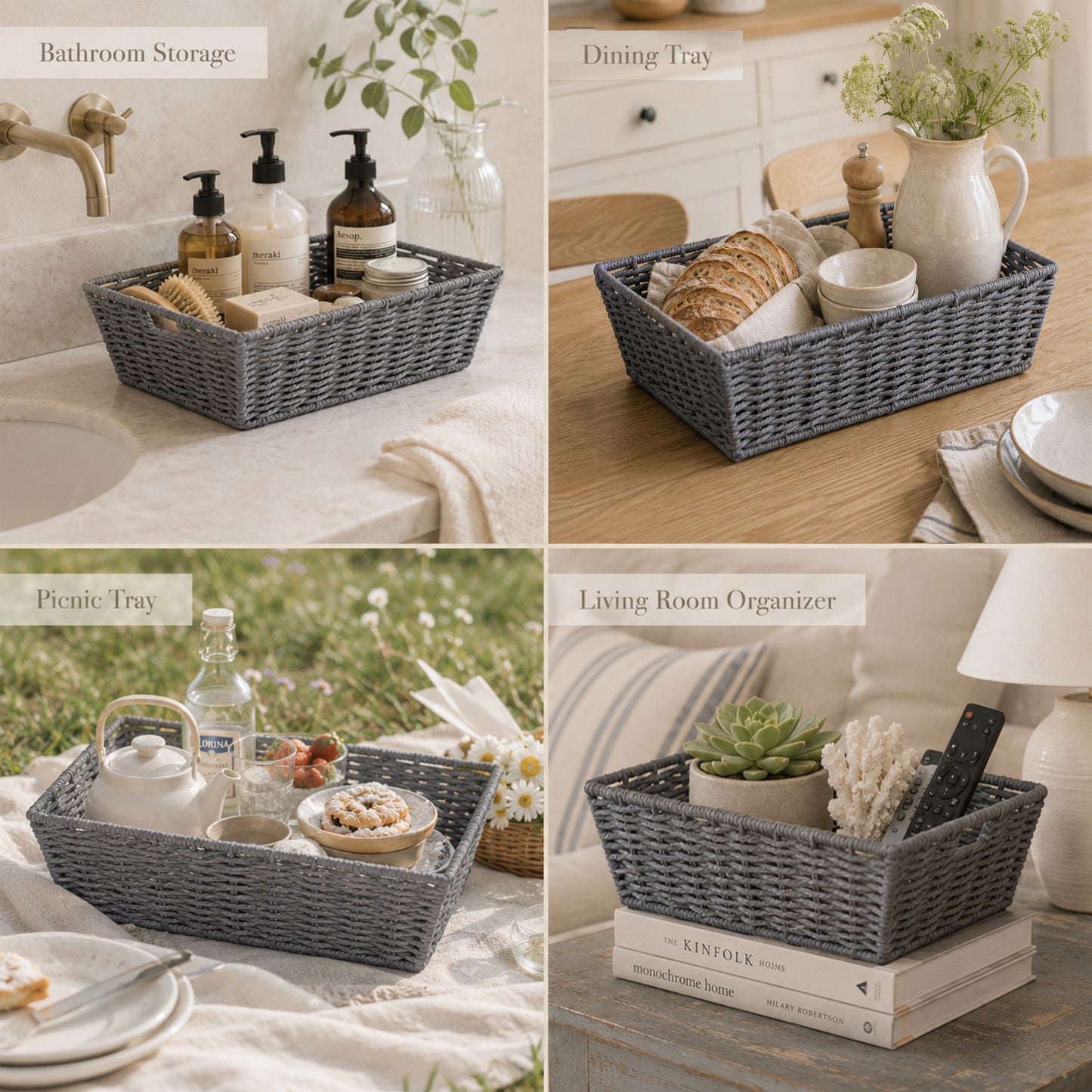 Paper Rope Storage Hamper Basket - Grey / Beige / White