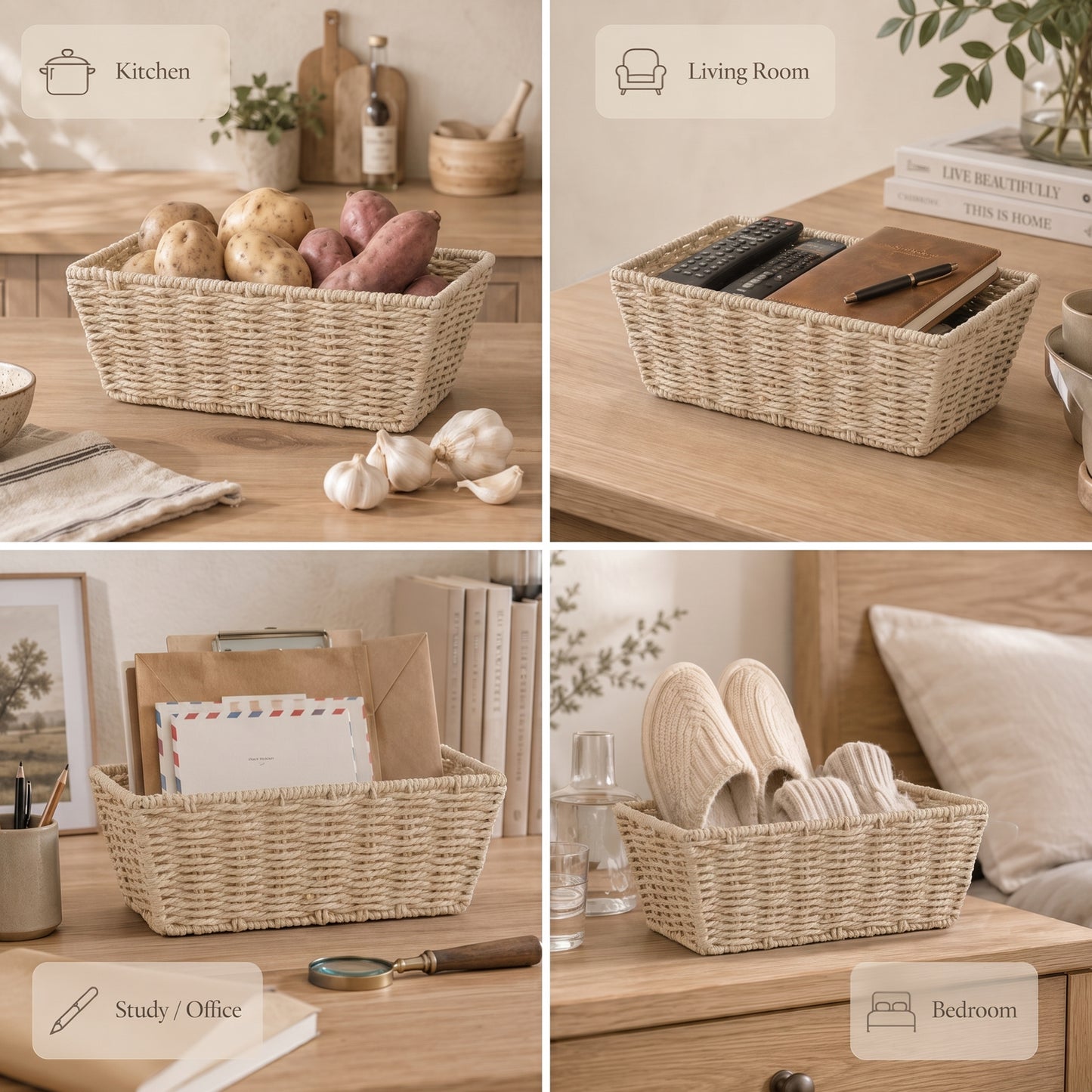 Paper Rope Storage Hamper Basket - Grey / Beige / White