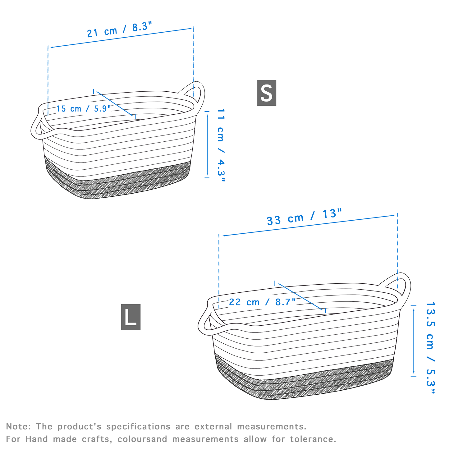 Two-Tone White Cotton Rope Storage Basket with Handle - Set of 3