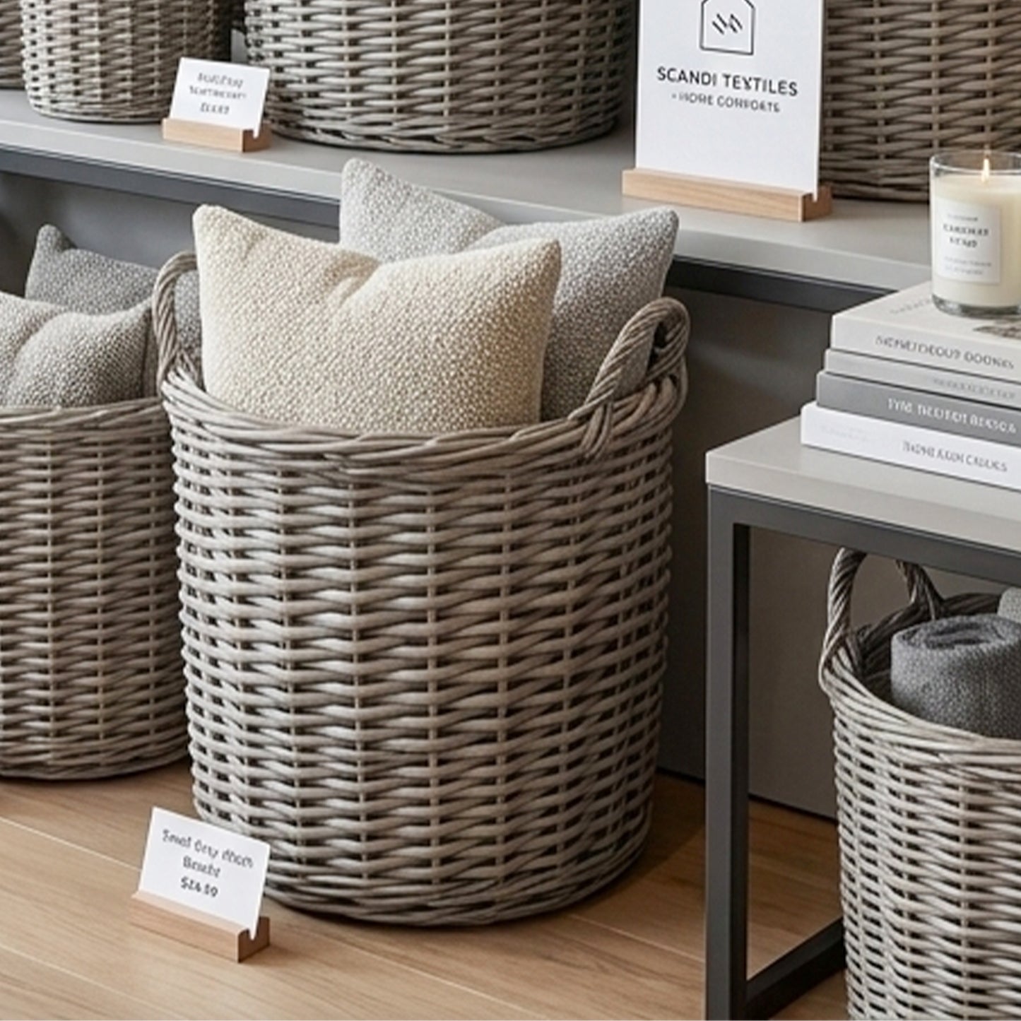 Grey Wash Round Wicker Storage Basket with Handle - 3 Sizes