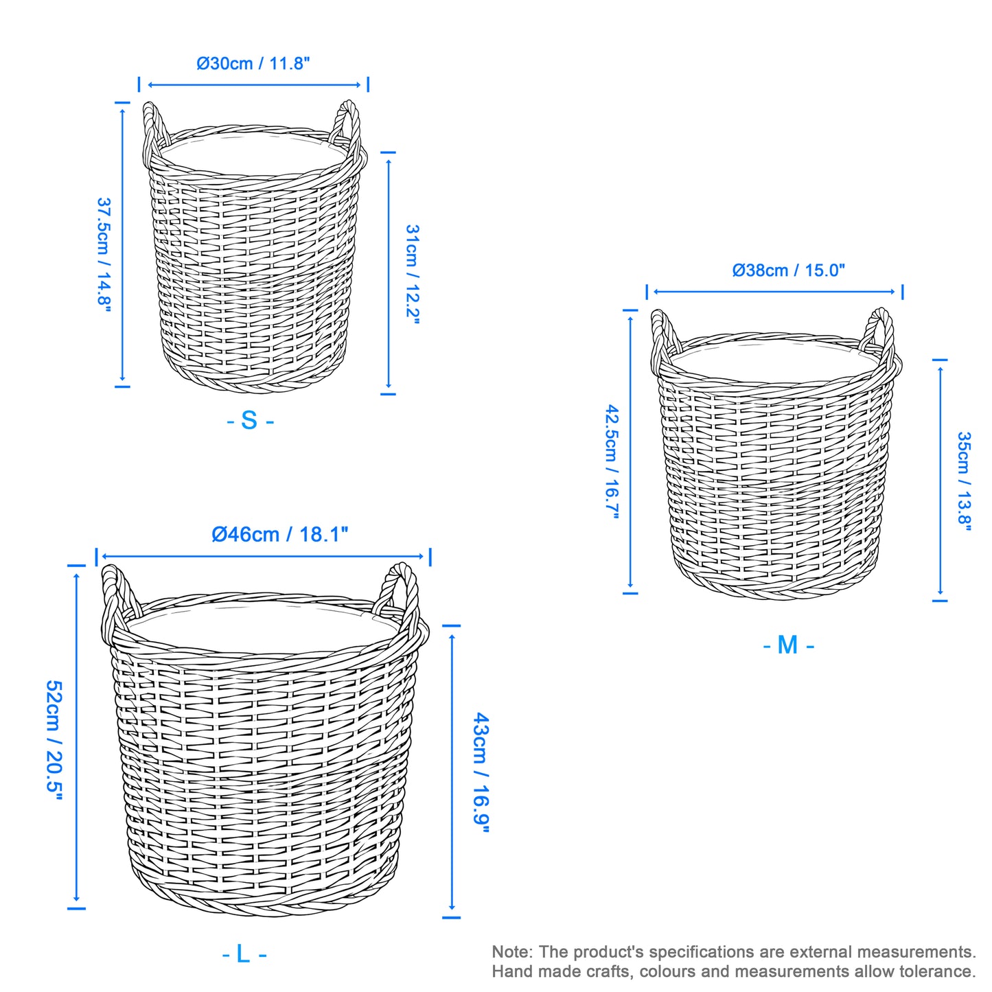 Grey Wash Round Wicker Storage Basket with Handle - 3 Sizes