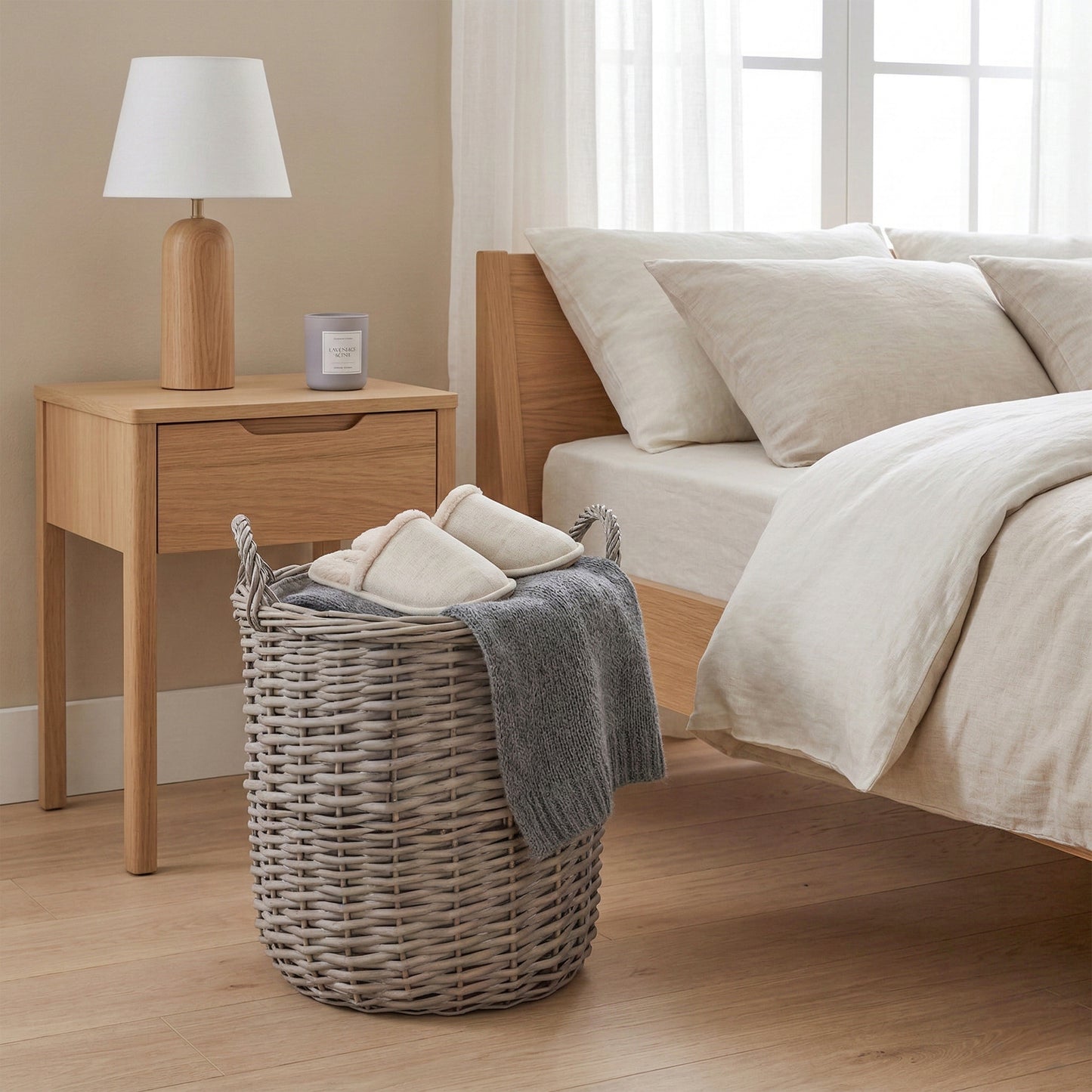 Grey Wash Round Wicker Storage Basket with Handle - 3 Sizes