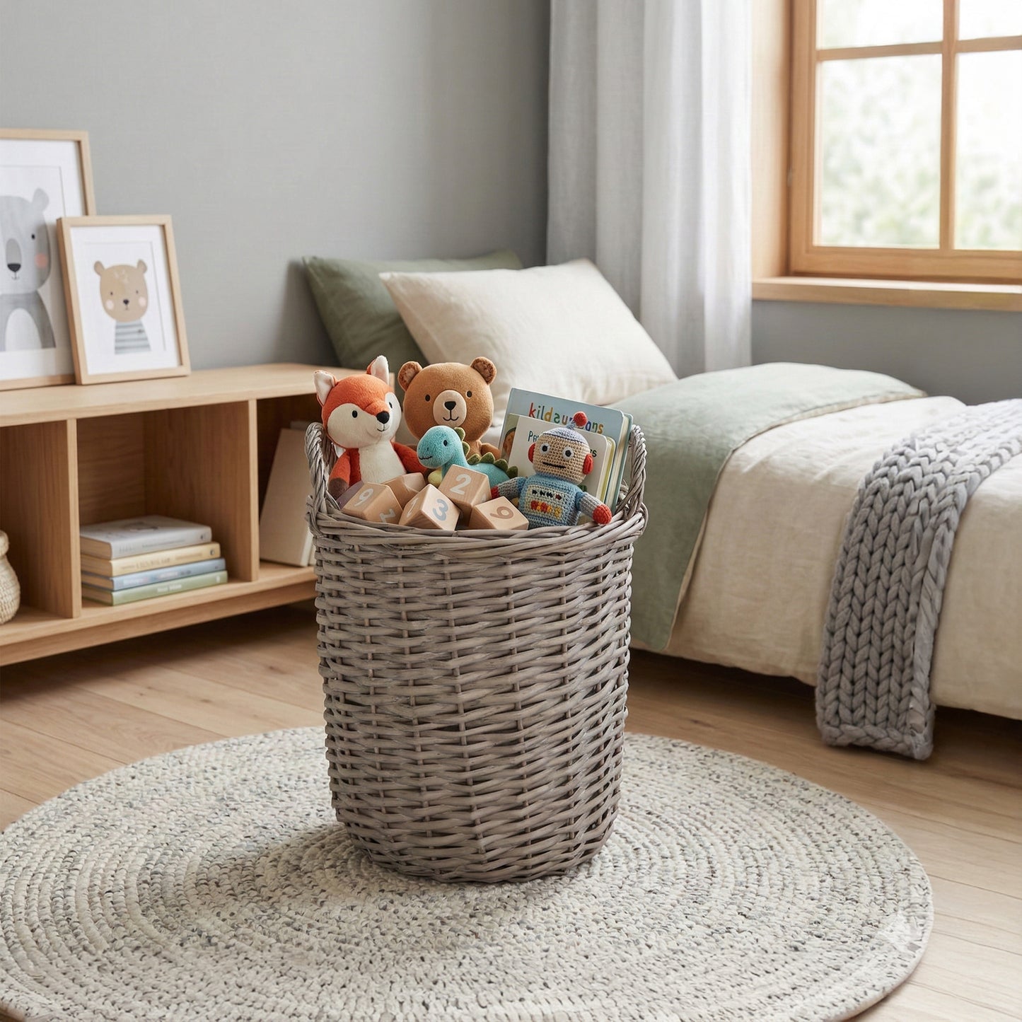 Grey Wash Round Wicker Storage Basket with Handle - 3 Sizes