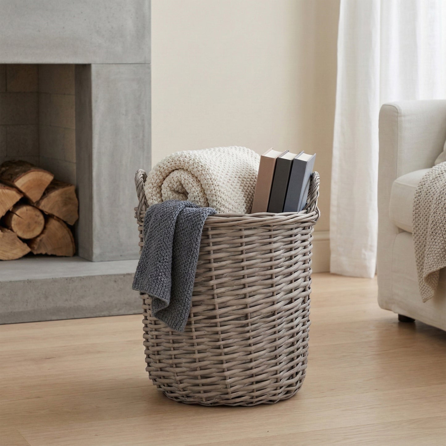 Grey Wash Round Wicker Storage Basket with Handle - 3 Sizes