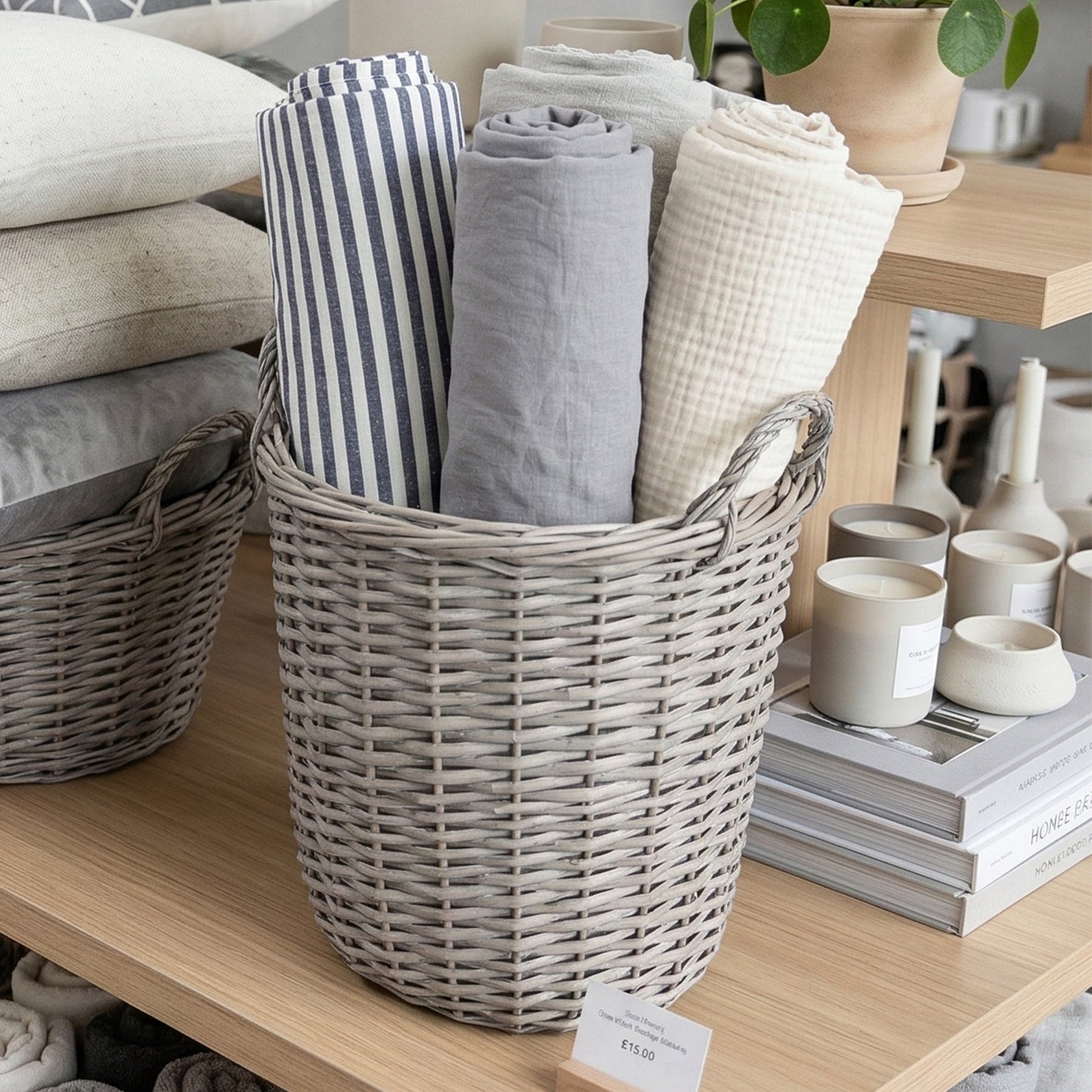 Grey Wash Round Wicker Storage Basket with Handle - 3 Sizes