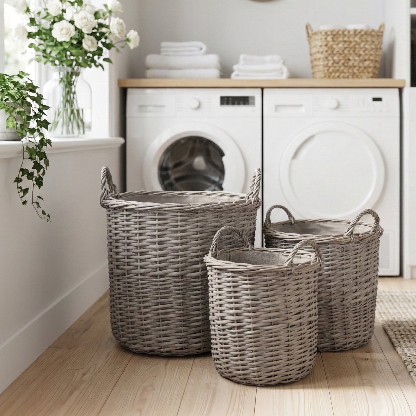 Grey Wash Round Wicker Storage Basket with Handle - 3 Sizes
