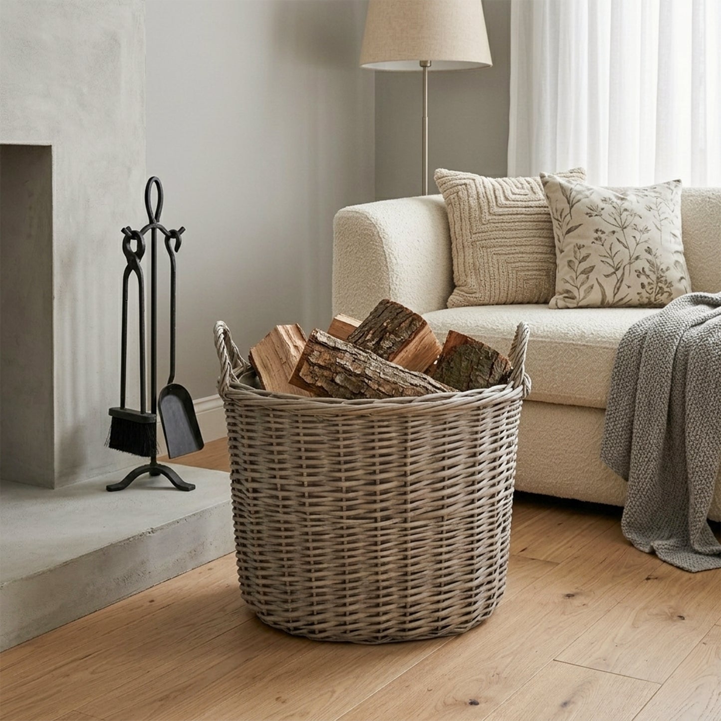 Grey Wash Oval Wicker Storage Basket with Handle - 3 Sizes