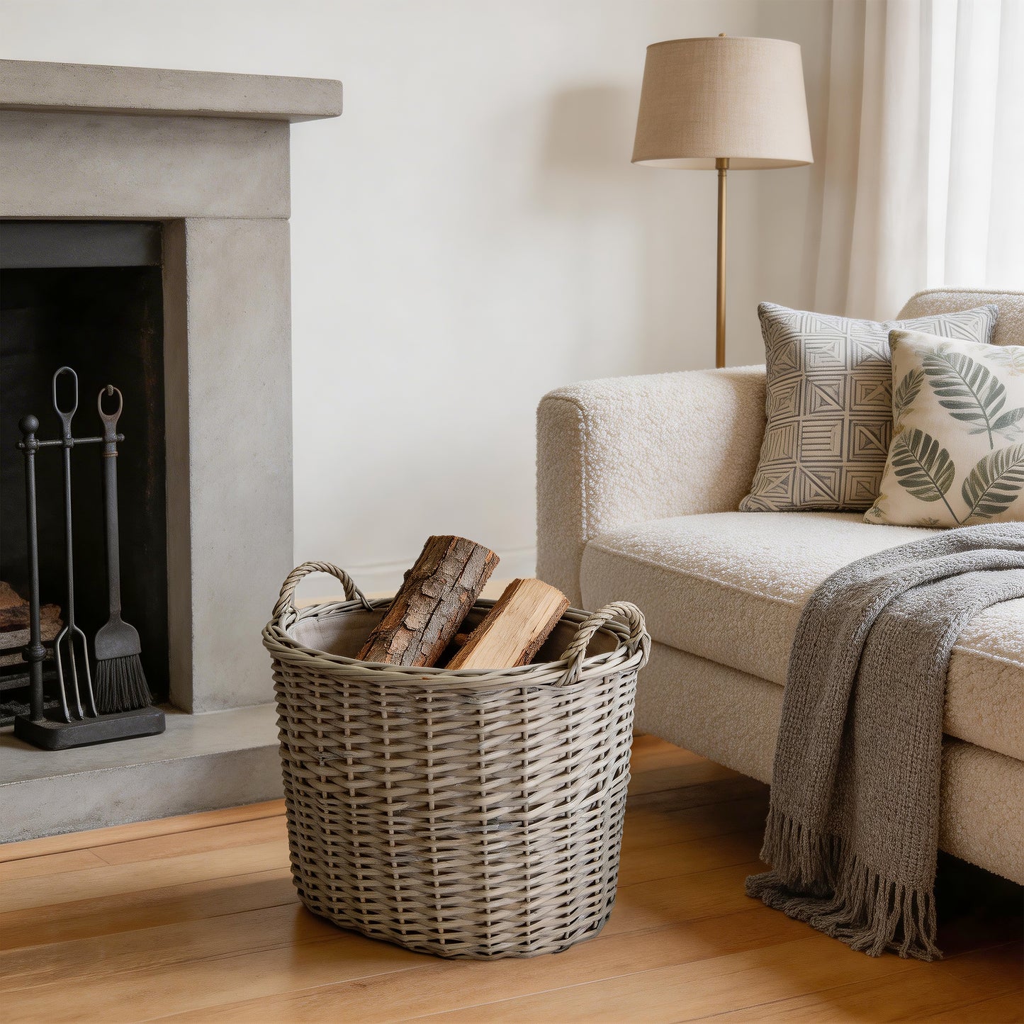 Grey Wash Oval Wicker Storage Basket with Handle - 3 Sizes