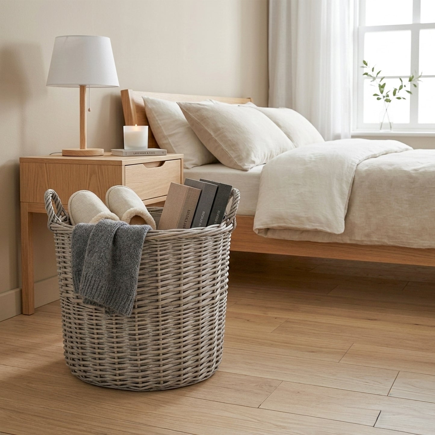 Grey Wash Oval Wicker Storage Basket with Handle - 3 Sizes