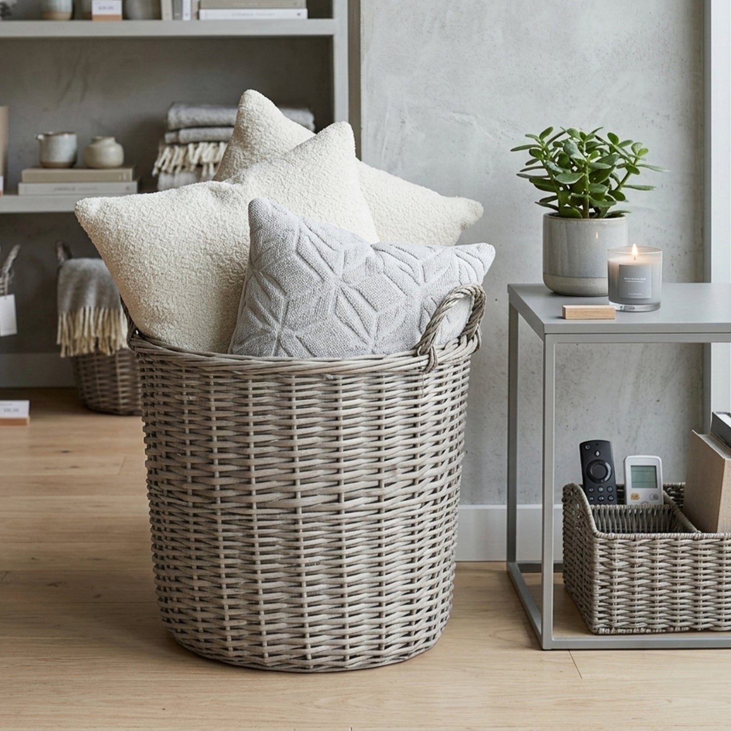 Grey Wash Oval Wicker Storage Basket with Handle - 3 Sizes