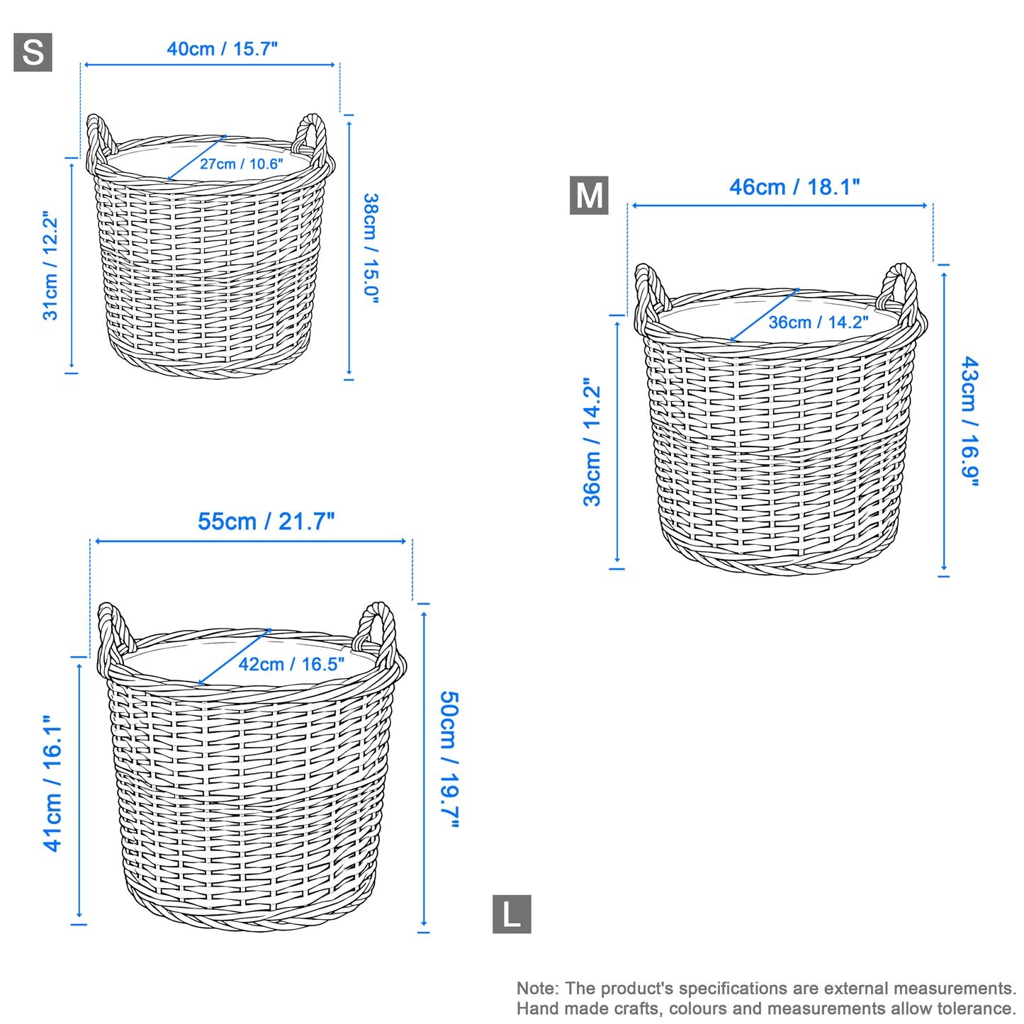 Grey Wash Oval Wicker Storage Basket with Handle - 3 Sizes