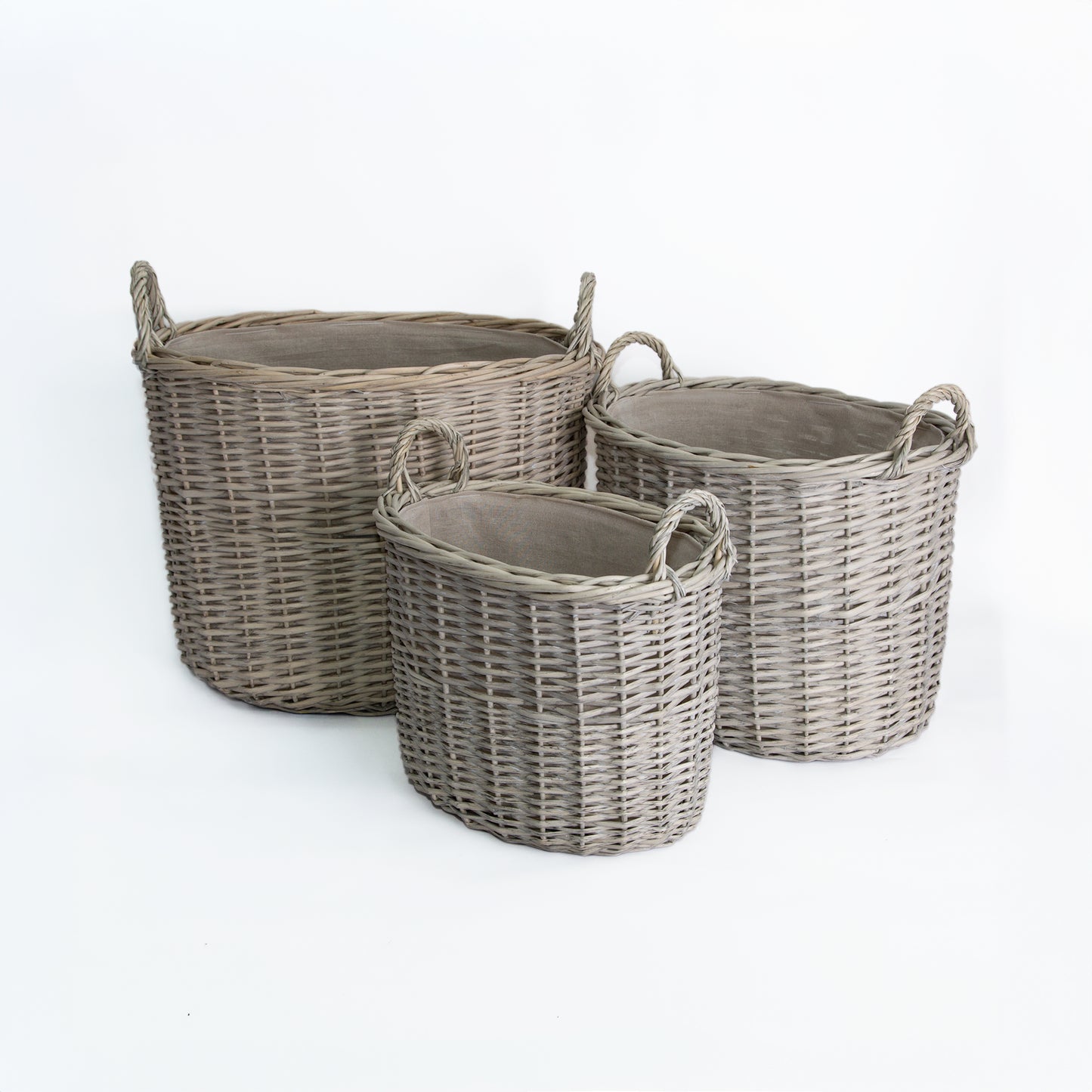 Grey Wash Oval Wicker Storage Basket with Handle - 3 Sizes