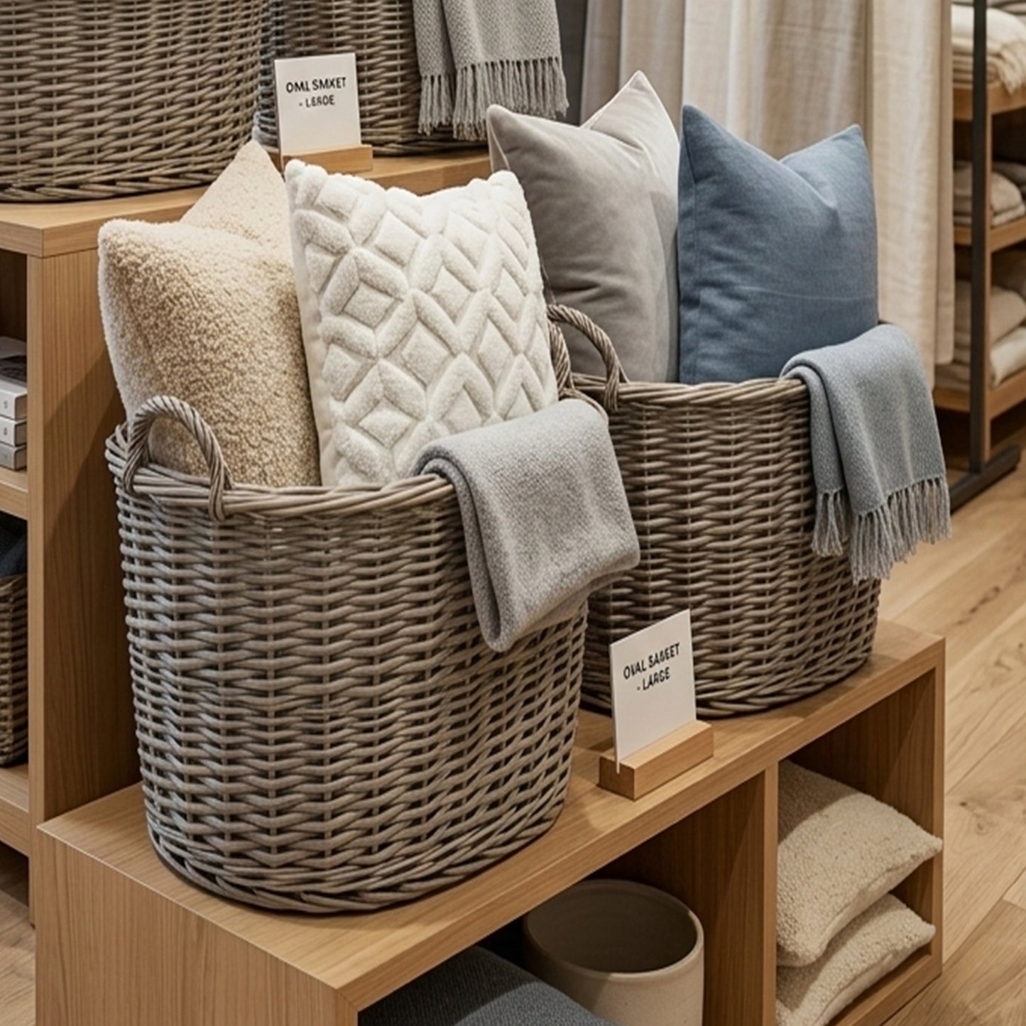Grey Wash Oval Wicker Storage Basket with Handle - 3 Sizes