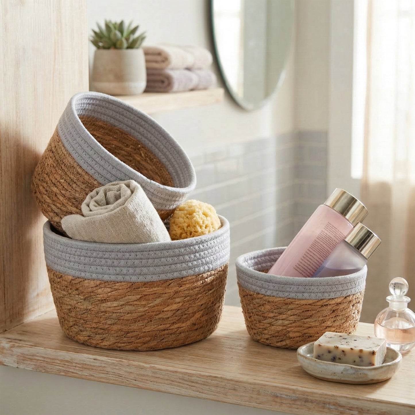 Round Seagrass Storage Baskets with Cotton Rope Border Set 3 - Grey / White