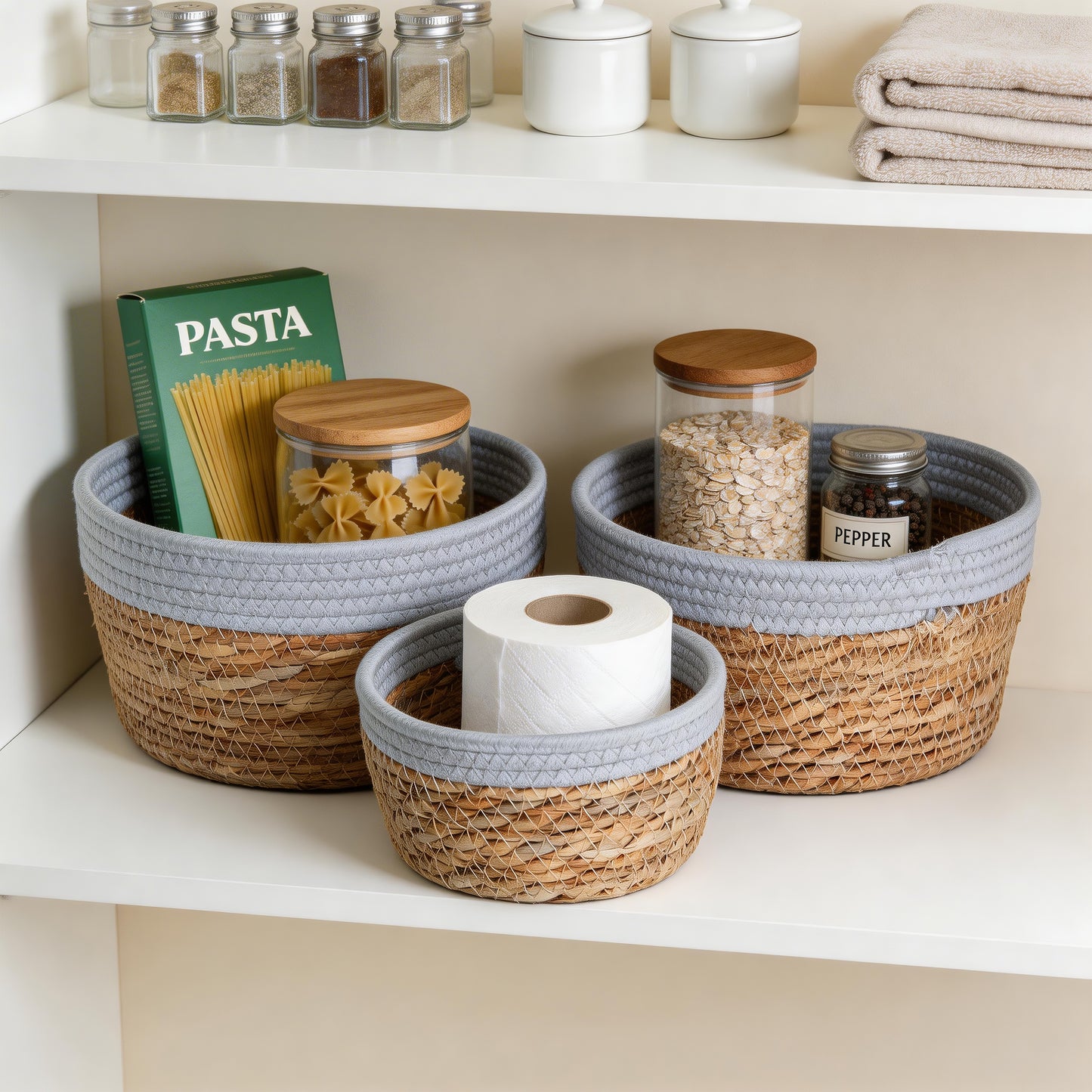 Round Seagrass Storage Baskets with Cotton Rope Border Set 3 - Grey / White