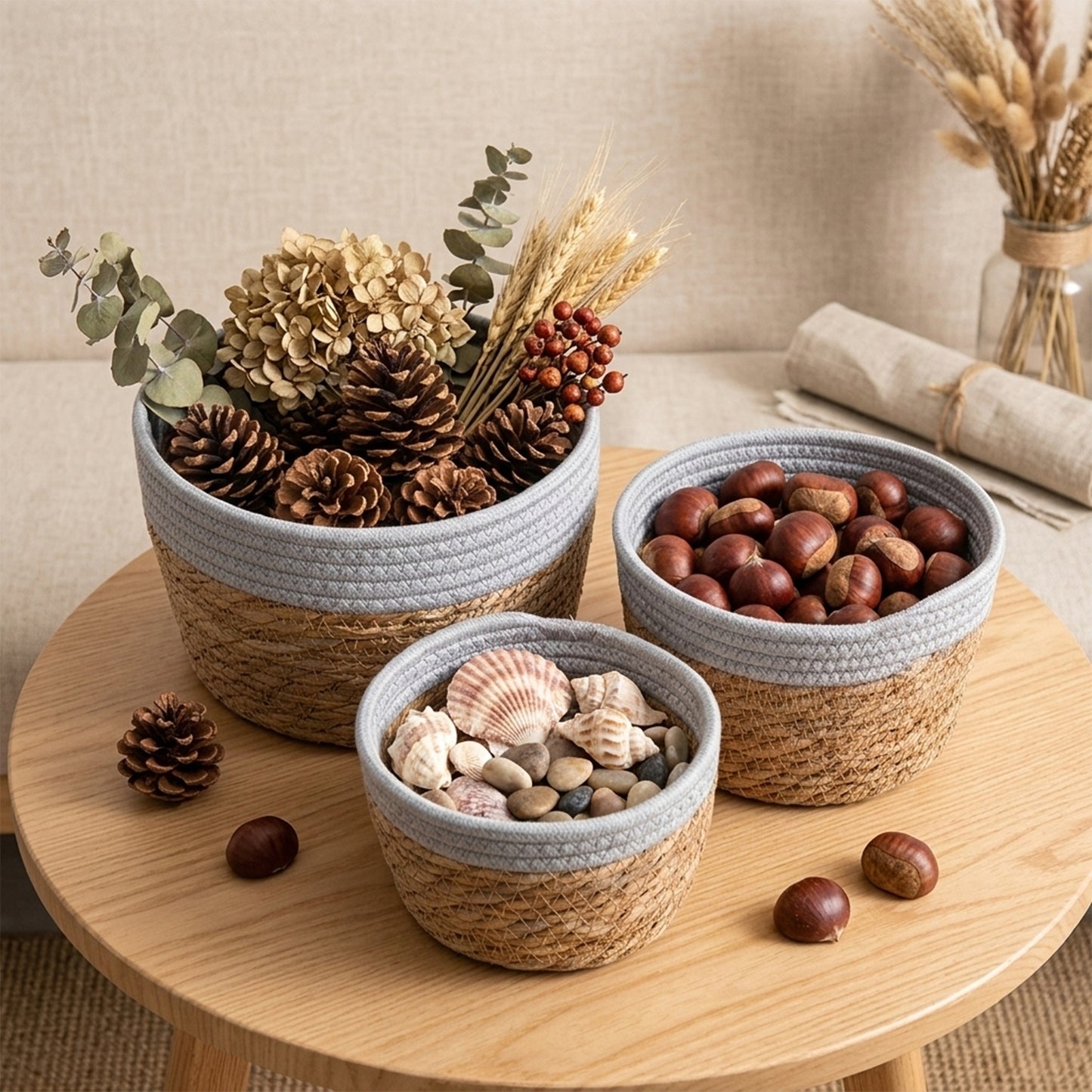 Round Seagrass Storage Baskets with Cotton Rope Border Set 3 - Grey / White