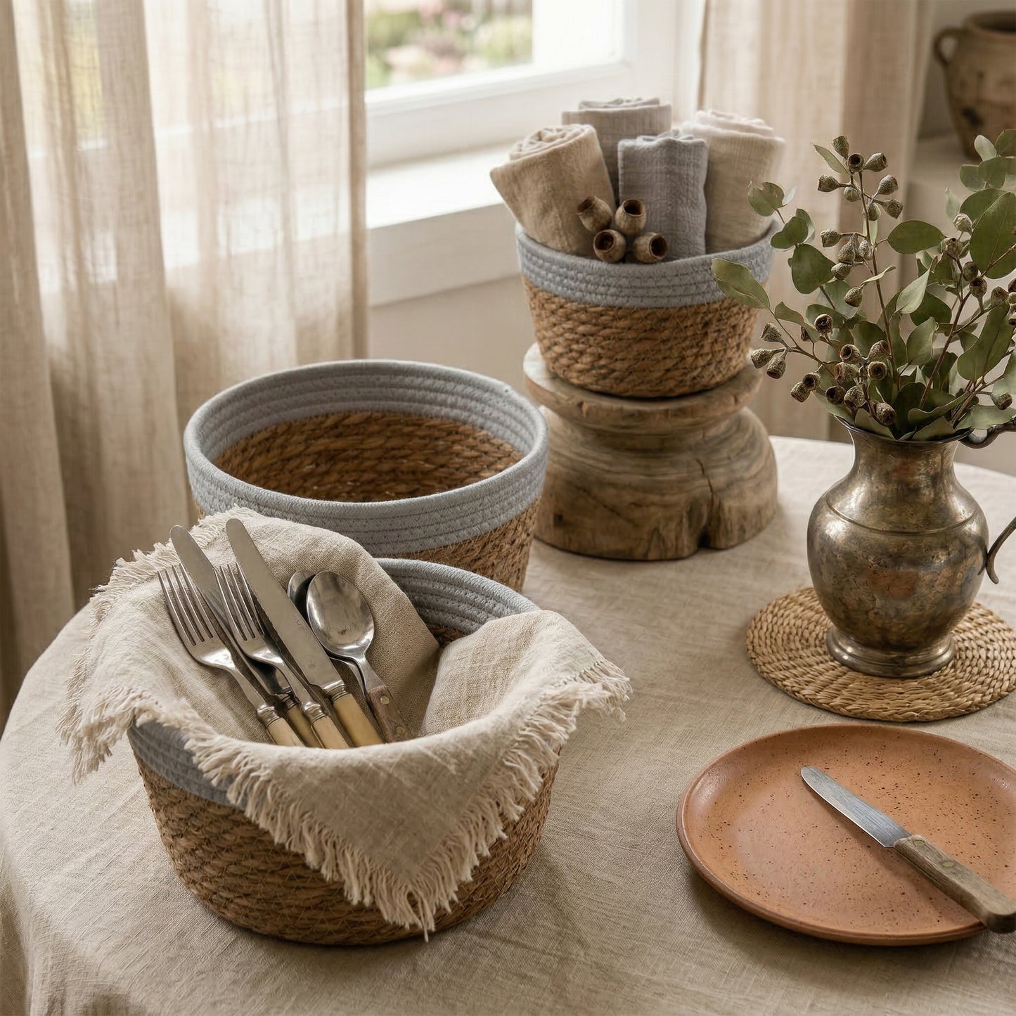 Round Seagrass Storage Baskets with Cotton Rope Border Set 3 - Grey / White