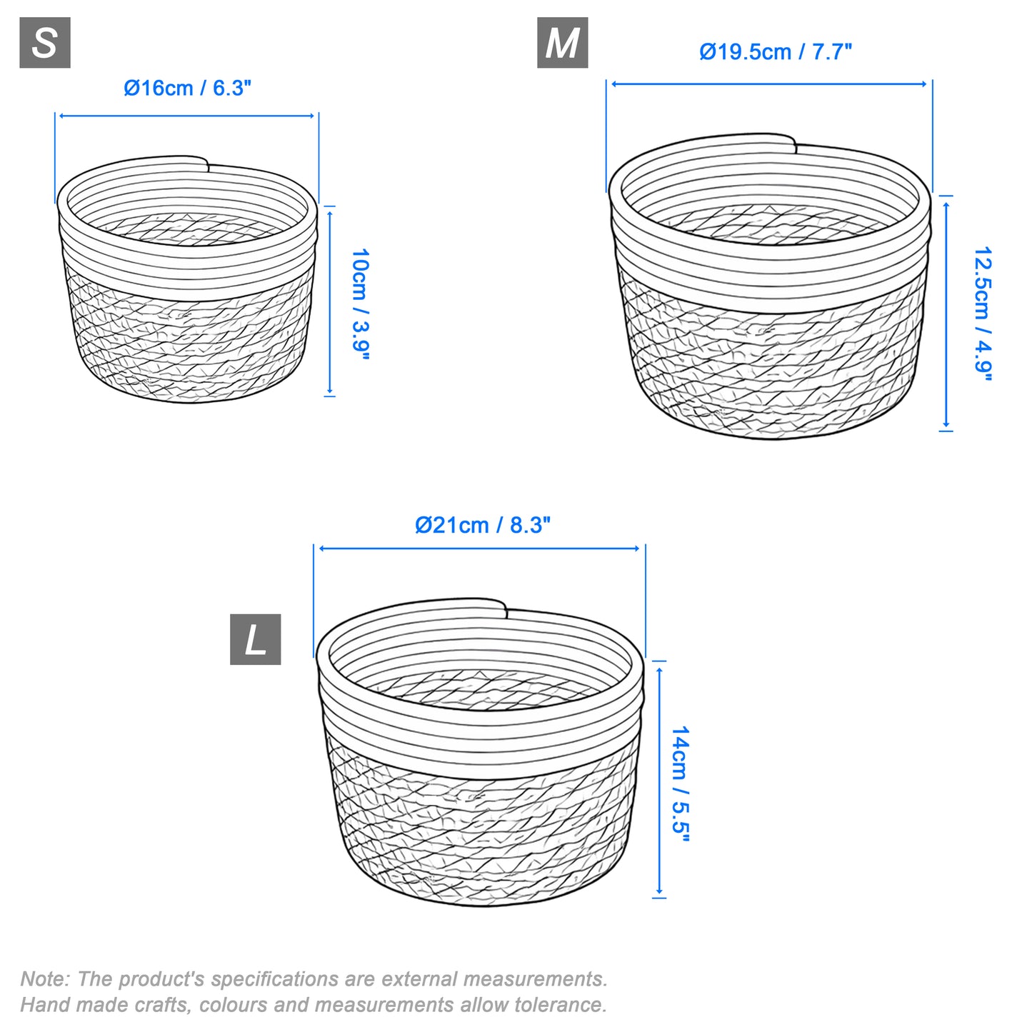 Round Seagrass Storage Baskets with Cotton Rope Border Set 3 - Grey / White