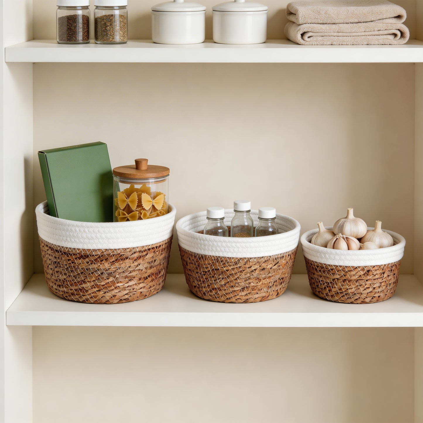 Round Seagrass Storage Baskets with Cotton Rope Border Set 3 - Grey / White