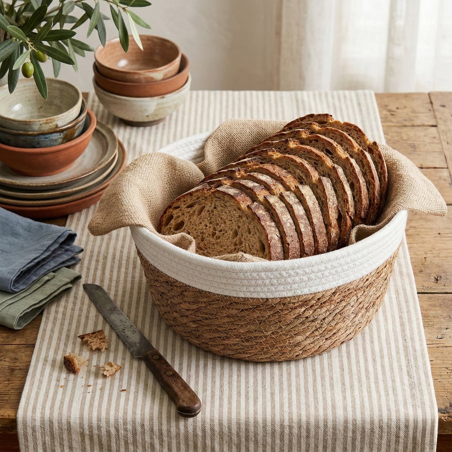 Round Seagrass Storage Baskets with Cotton Rope Border Set 3 - Grey / White