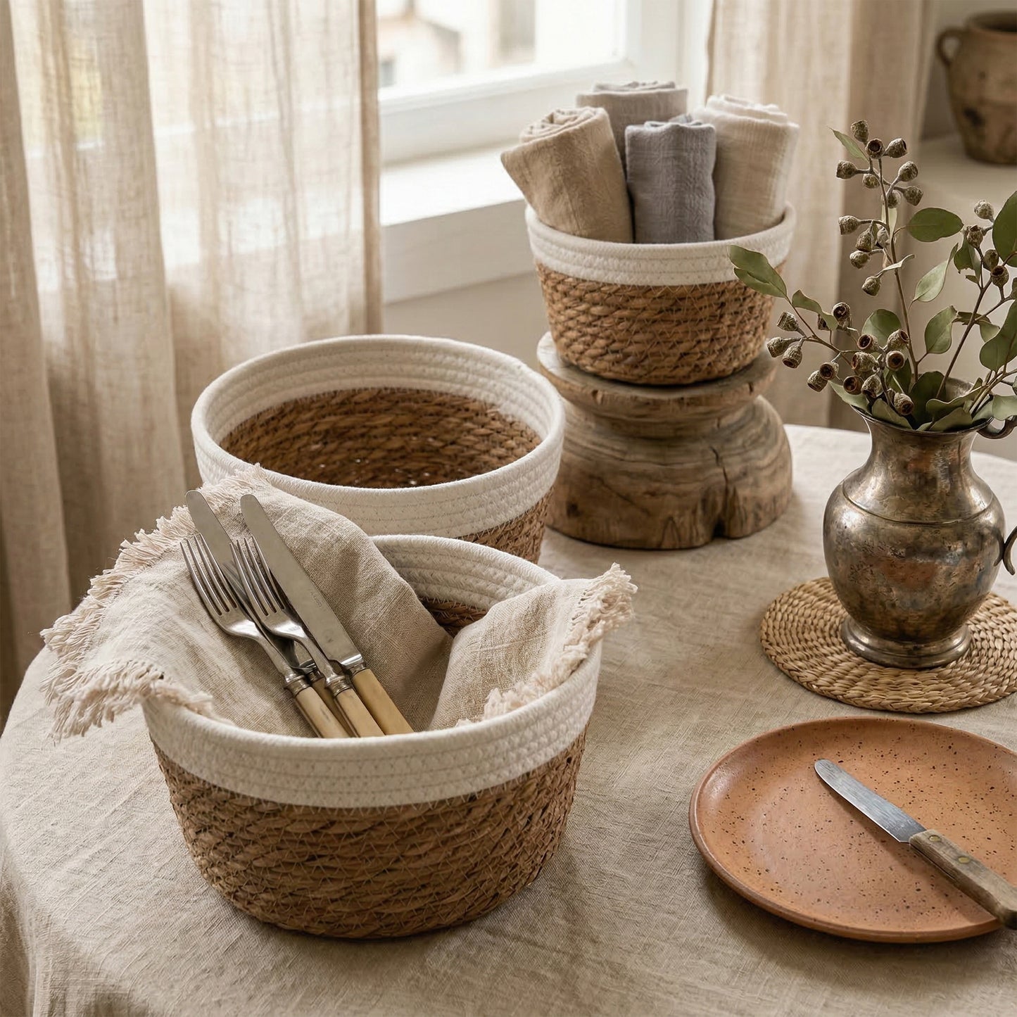 Round Seagrass Storage Baskets with Cotton Rope Border Set 3 - Grey / White