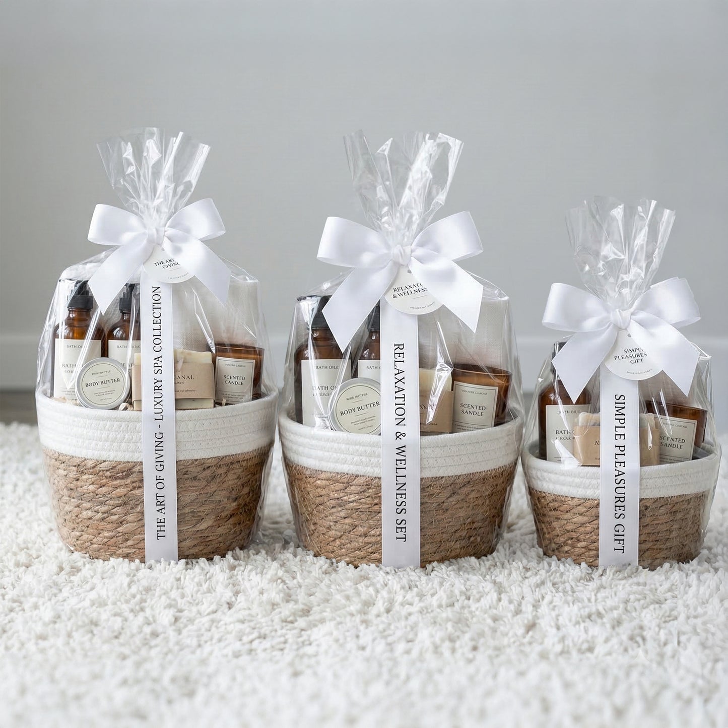 Round Seagrass Storage Baskets with Cotton Rope Border Set 3 - Grey / White