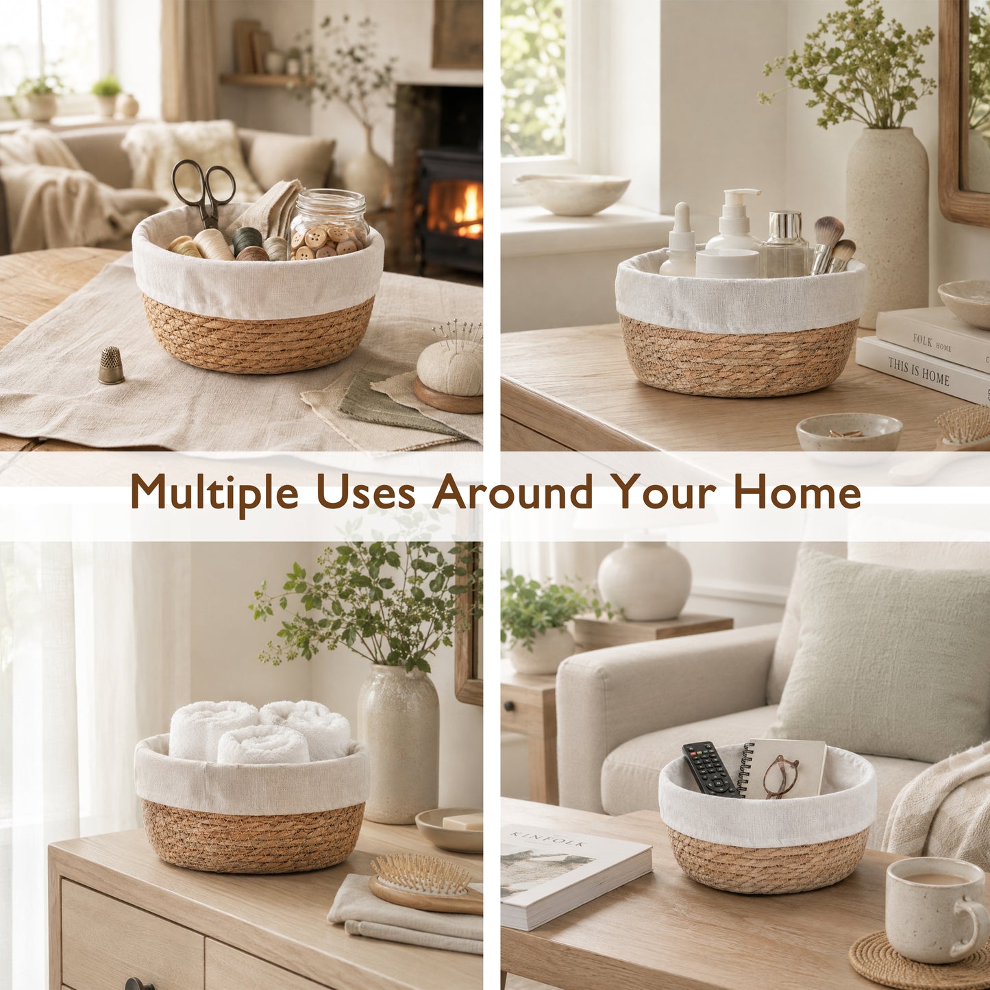 Round Seagrass Storage Basket with Lining Set 2