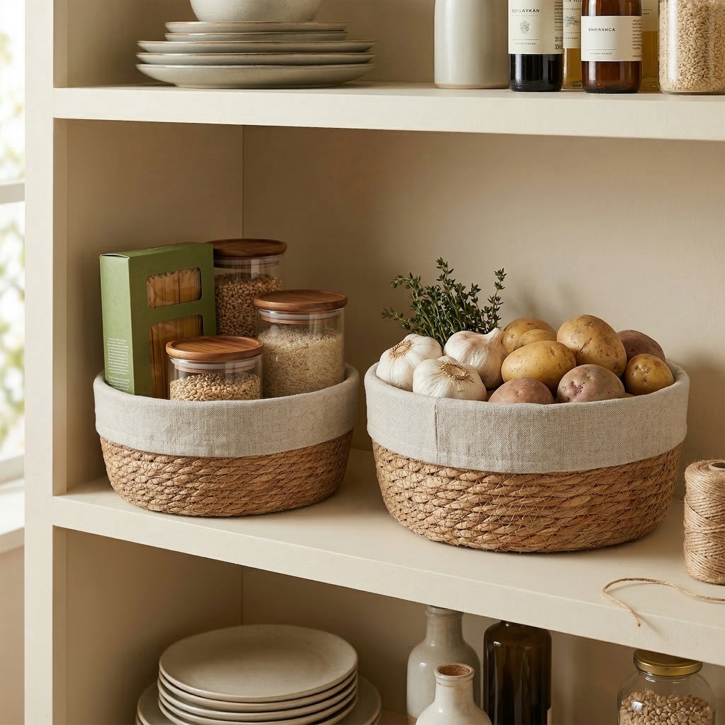 Round Seagrass Storage Basket with Lining Set 2