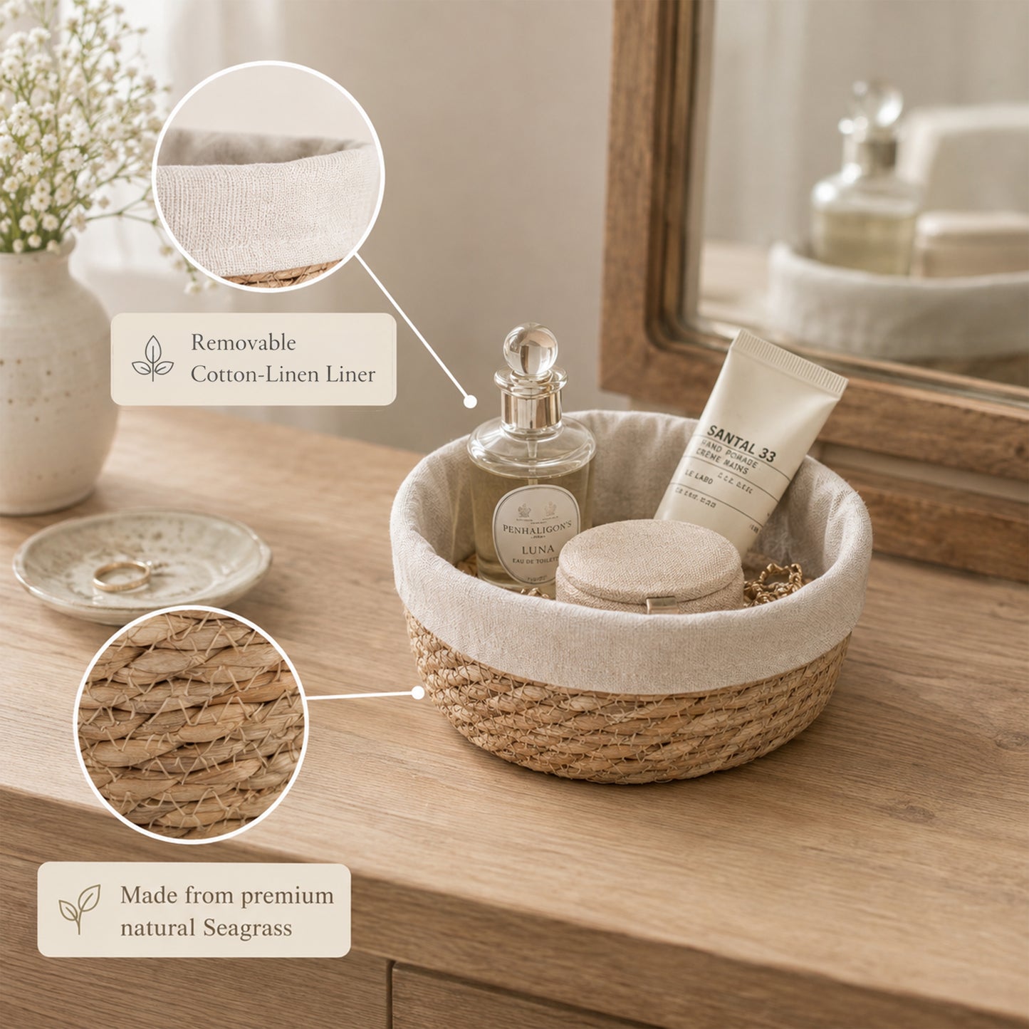 Round Seagrass Storage Basket with Lining Set 2