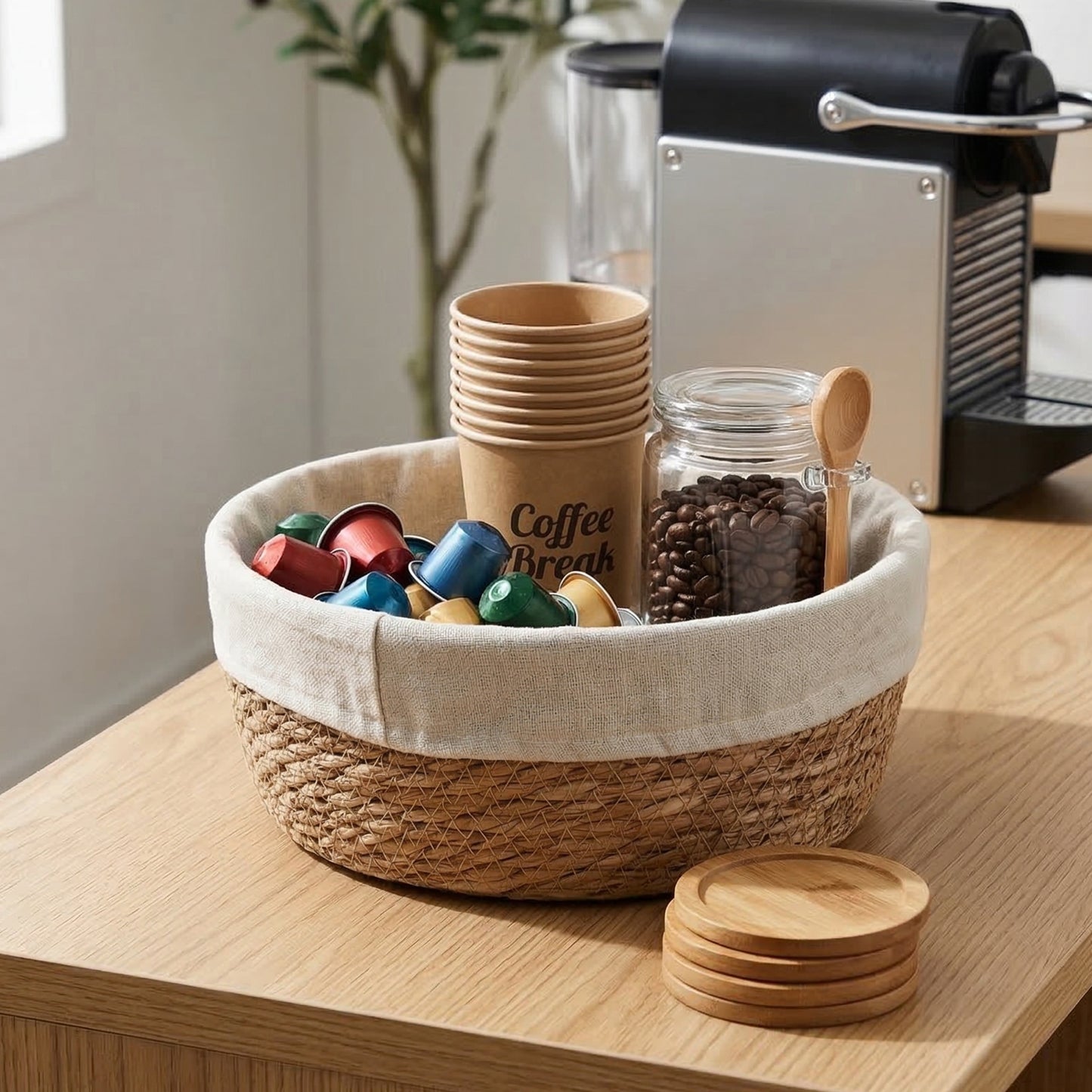 Round Seagrass Storage Basket with Lining Set 2