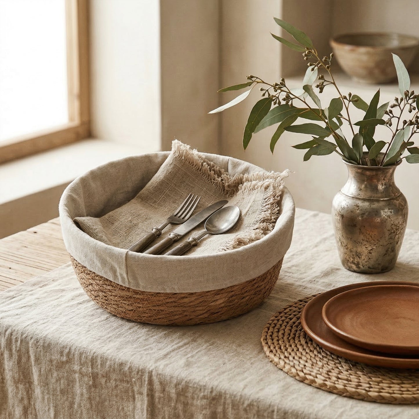 Round Seagrass Storage Basket with Lining Set 2