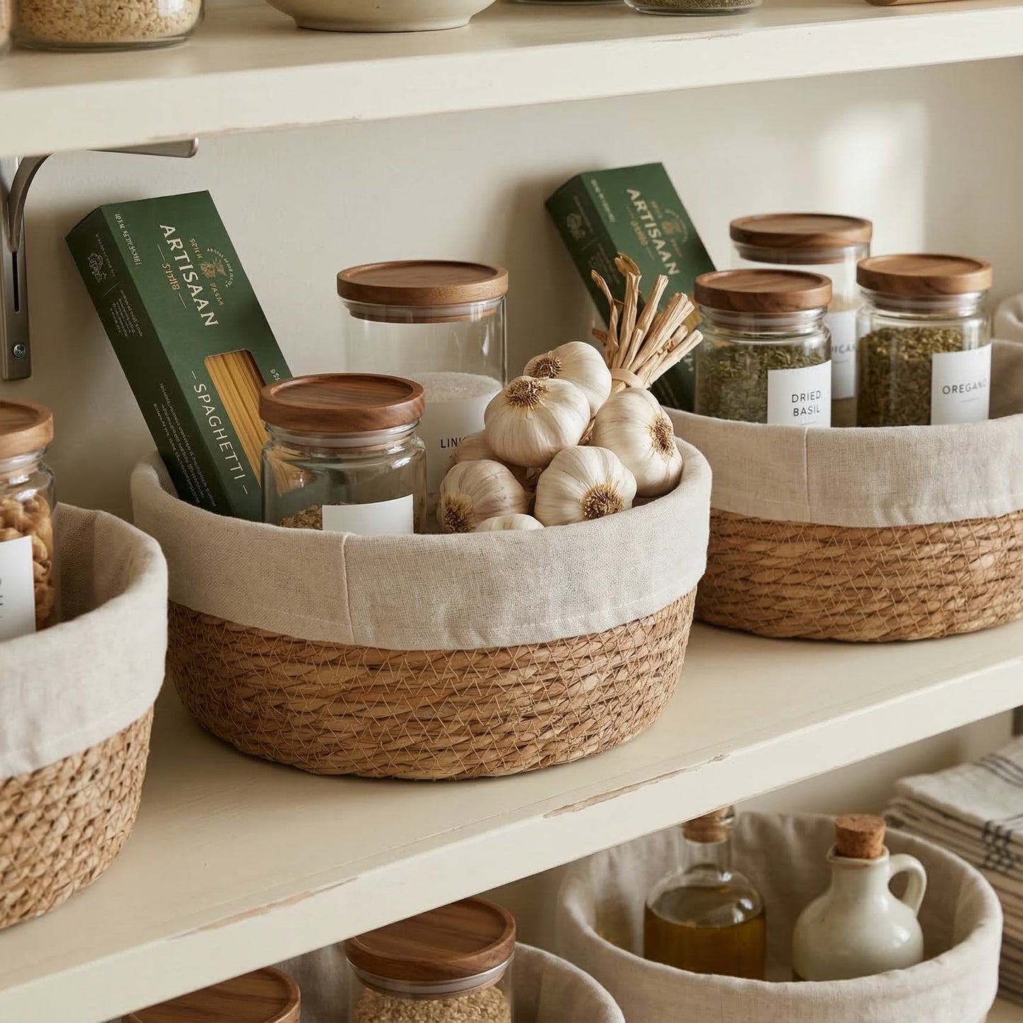 Round Seagrass Storage Basket with Lining Set 2