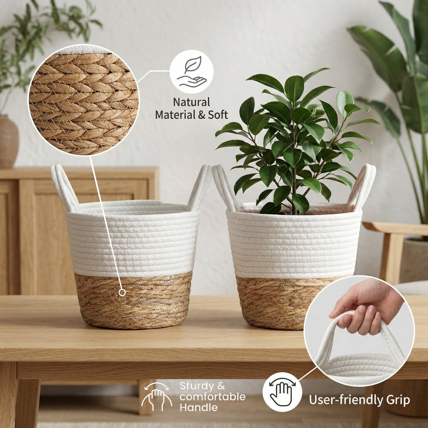 Seagrass & Cotton Rope Woven Basket Planter with Handle